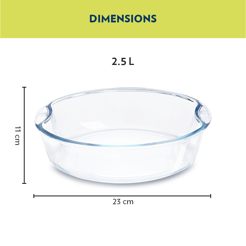 BOROSIL Easy Grip Round Baking Dish | Microwavable | Oven | Dishwasher Proof | Transparent | 2.5L | IH22RBD7225EX