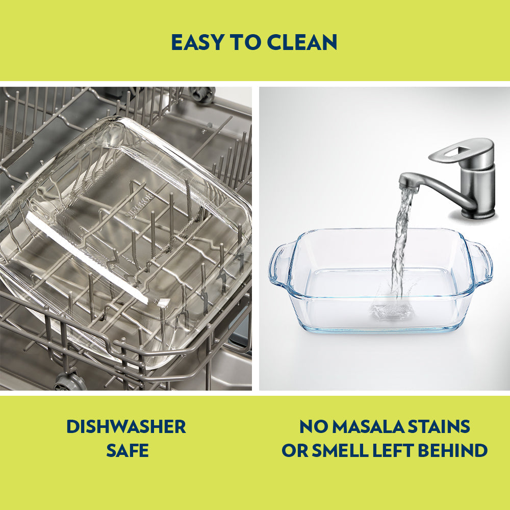 BOROSIL Square Baking Dish With Handle | Microwavable | Oven | Dishwasher Proof | Transparent | 1.6L | IH22DH12216EX