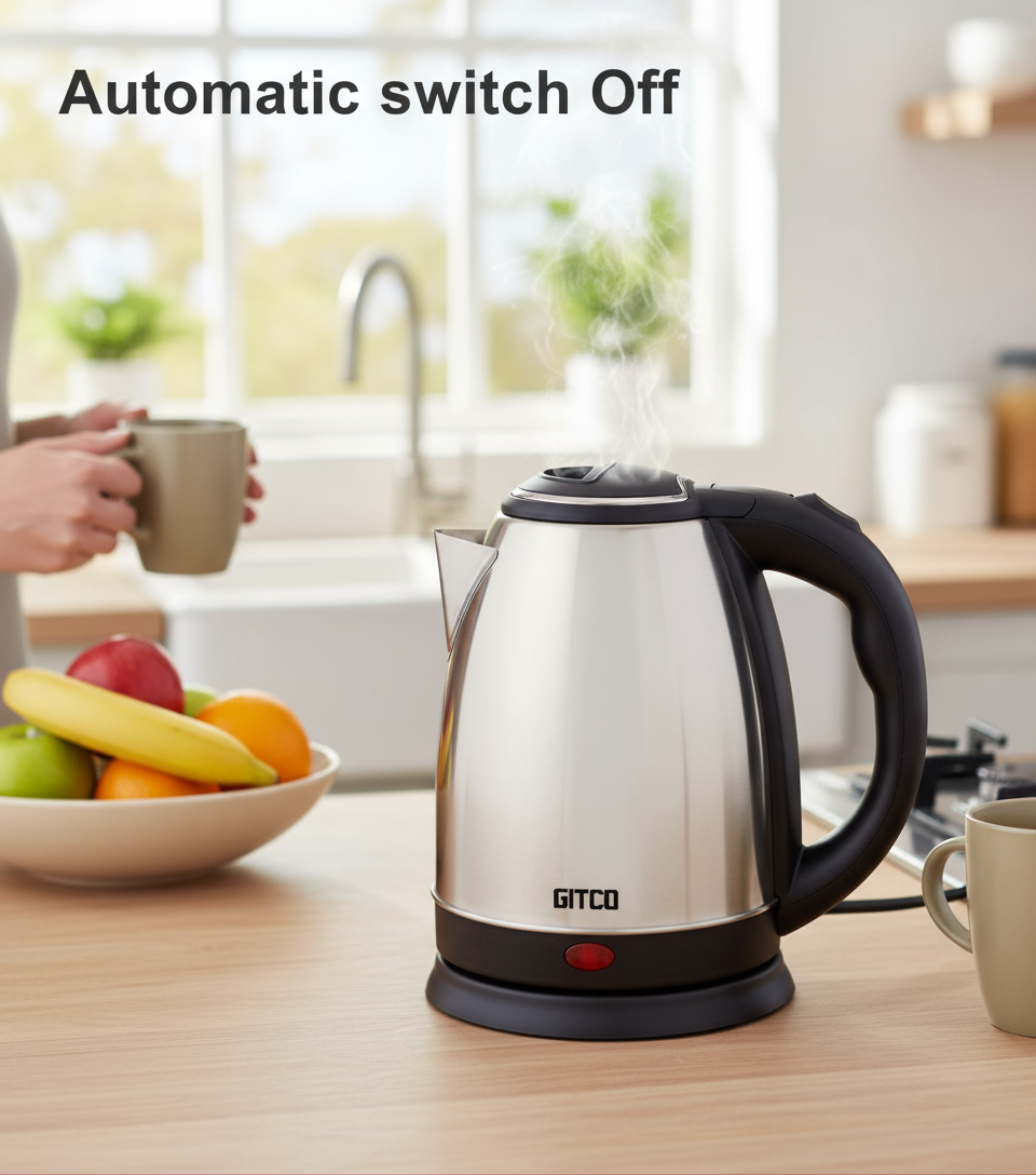 GITCO Electric Stainless Steel Kettle 1.8L Capacity with Auto Shut-Off, Fast Boiling & Dry Protection