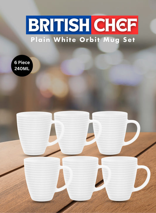 BRITISH CHEF 6 Piece Plain White Tea & Coffee Mug Set 240ML | Microwave & Dishwasher Safe | Freeze Resistant - BC2041 ORBIT
