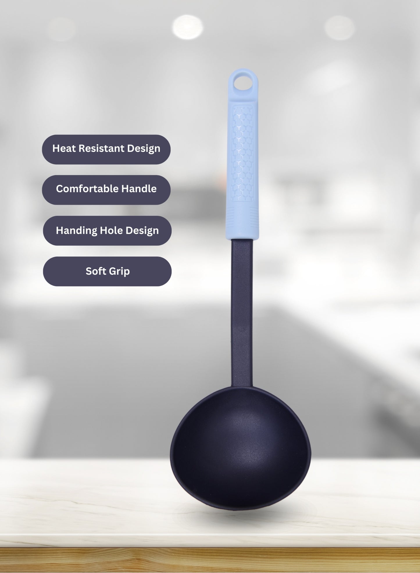 BRITISH CHEF Soft Nylon Ladle Spoon with Silicone Handle | Heat Resistance | Non Stick Flexible Ladle | Comfortable Handle | Dishwasher Safe - BC329