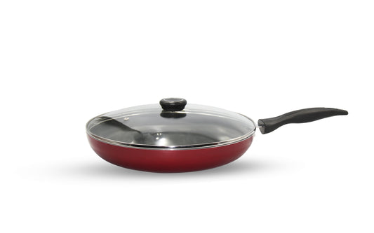 BRITISH CHEF Nonstick Flat Fry Pan with lid 24CM & 28CM - RED/BLACK