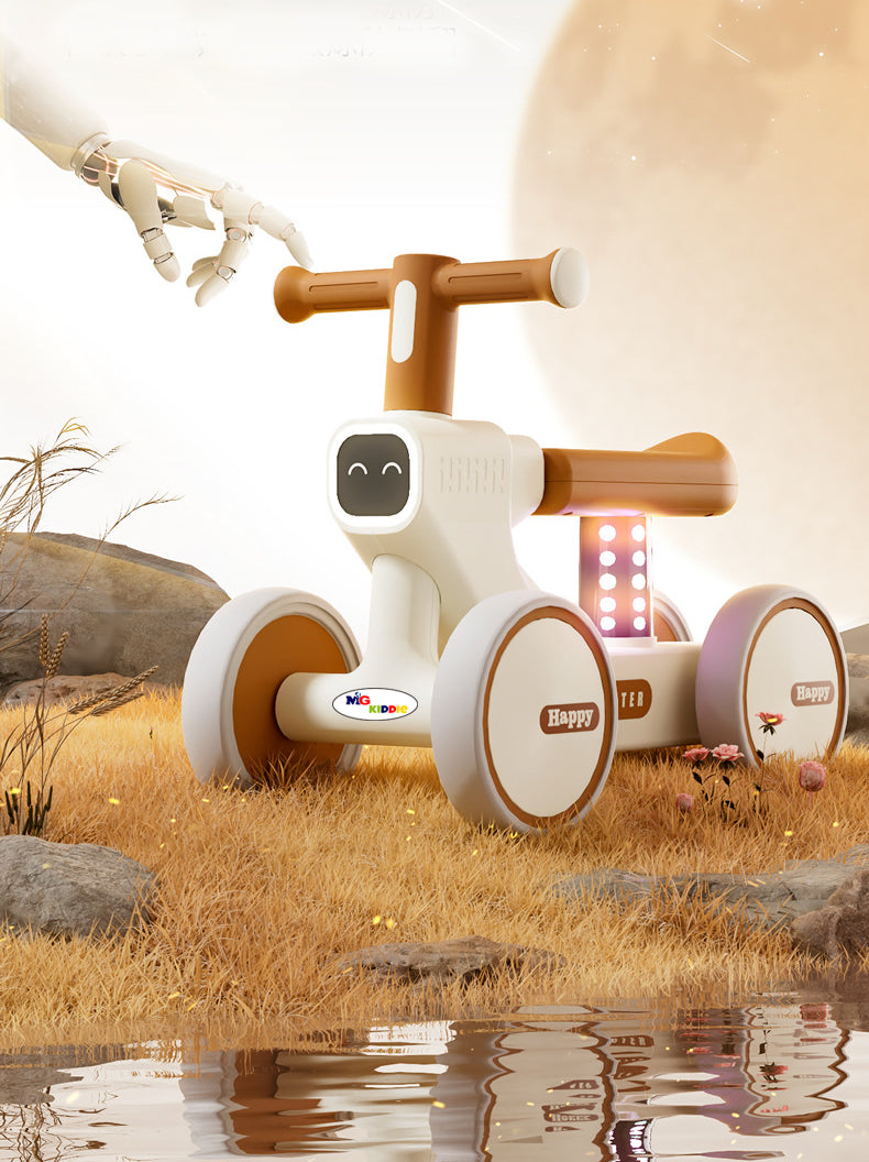 MG Kiddie Baby Balance Bike | 4-Wheel Scooter for 1-3 Years | Toddler Walker with Music & Lights | Anti-Slip Handle | Baby's First Bike - MGT902 Coffee