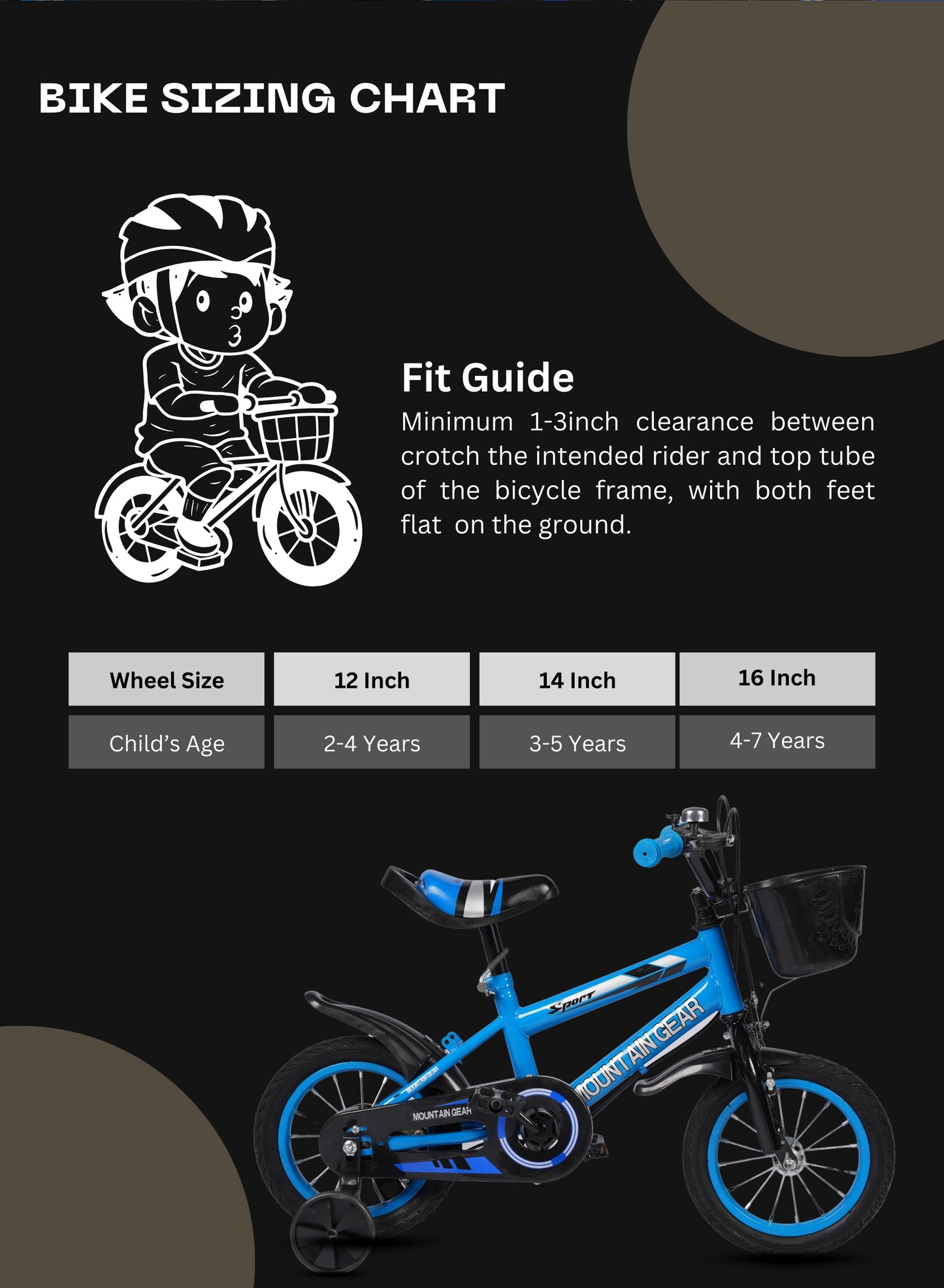 MOUNTAIN GEAR Children's Bicycle For 3-5 Years Old Kids Bike | High Carbon Steel Frame | Adjustable Seat | Smooth Bearings | Safe and Stable | 14 Inch - MG7606