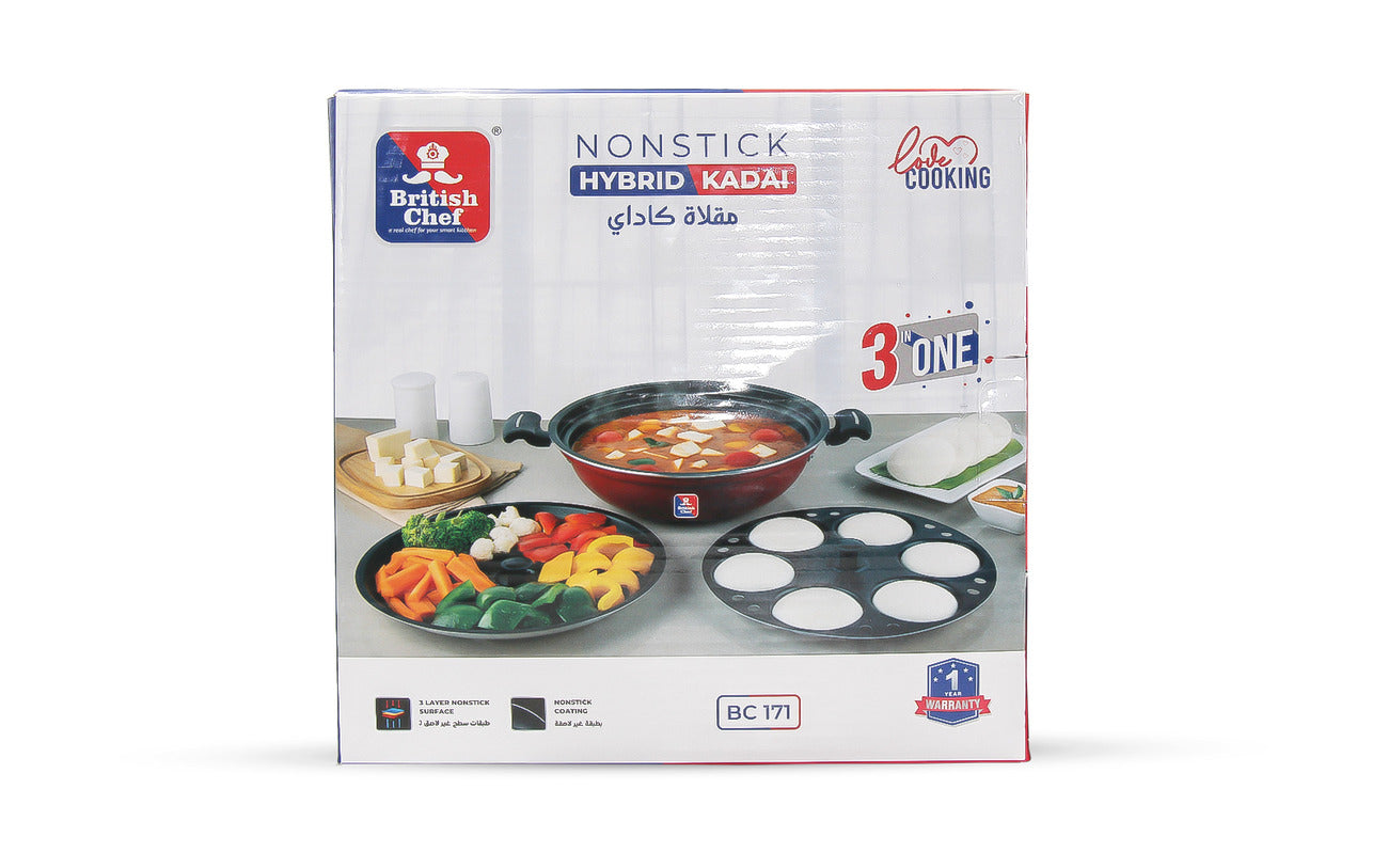 BRITISH CHEF 3 in one Nonstick Hybrid Kadai with Gravy kadai, Steamer plate, Idly plate - BC171
