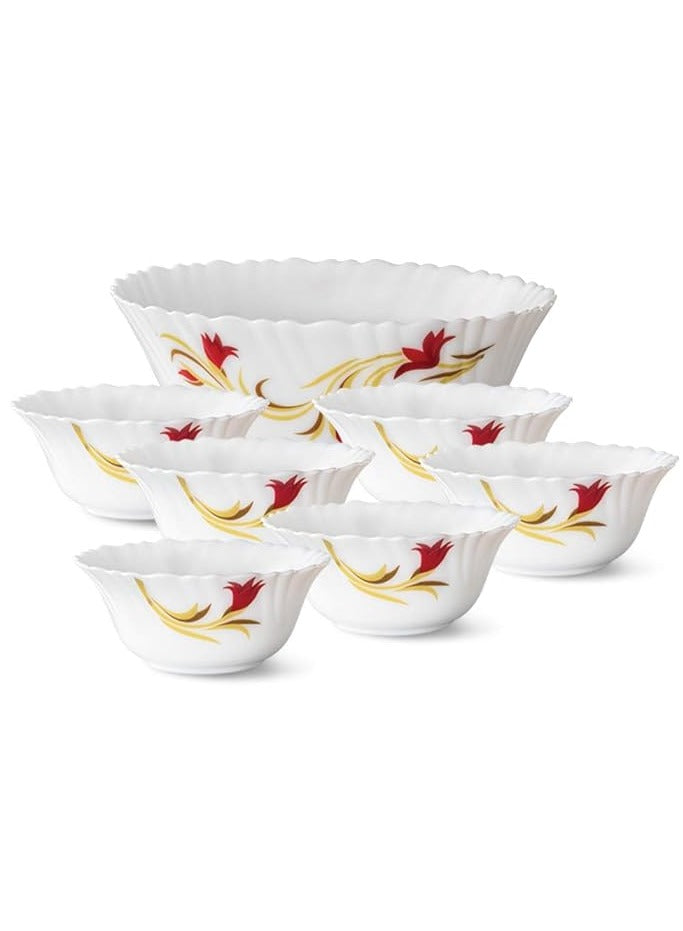 BRITISH CHEF 7 Piece Opalware Red Lily Pudding Set | 1 Piece Serving & 6 Piece Veg Bowls | Microwave & Dishwasher Safe| Chip & Scratch Resistant | WHITE - BC2010PS