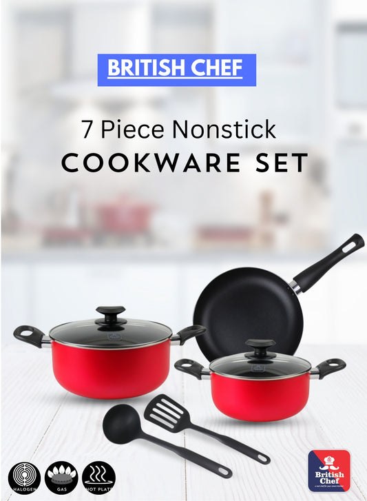 BRITISH CHEF 7 Piece Nonstick Cookware Set, 24CM Casserole + Lid, 20CM Casserole + Lid, 24CM Frypan, Nylon Turner, Nylon Ladle - BC131