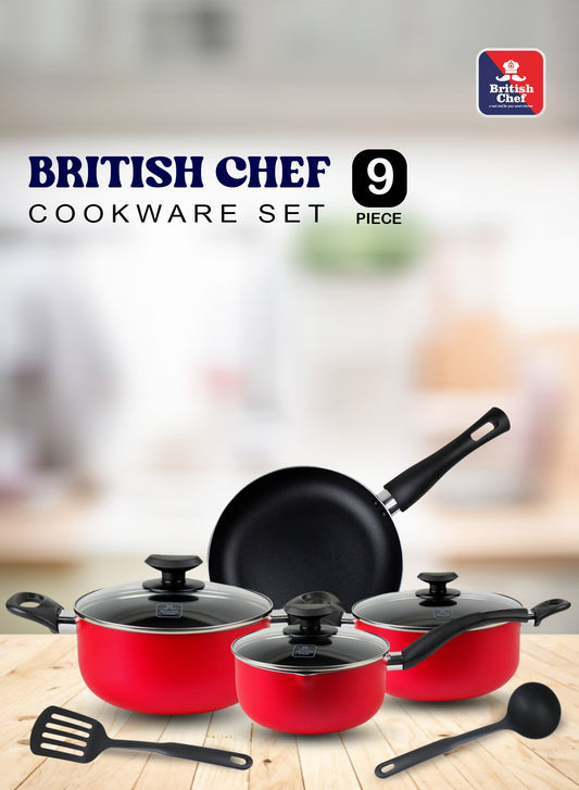 BRITISH CHEF 9 Piece Nonstick Cookware Set, 24CM Casserole + Lid, 20CM Casserole + Lid, 18CM Saucepan + Lid, 24CM Frypan + Lid, 24CM frypan, Nylon Turner, Nylon Ladle - BC109