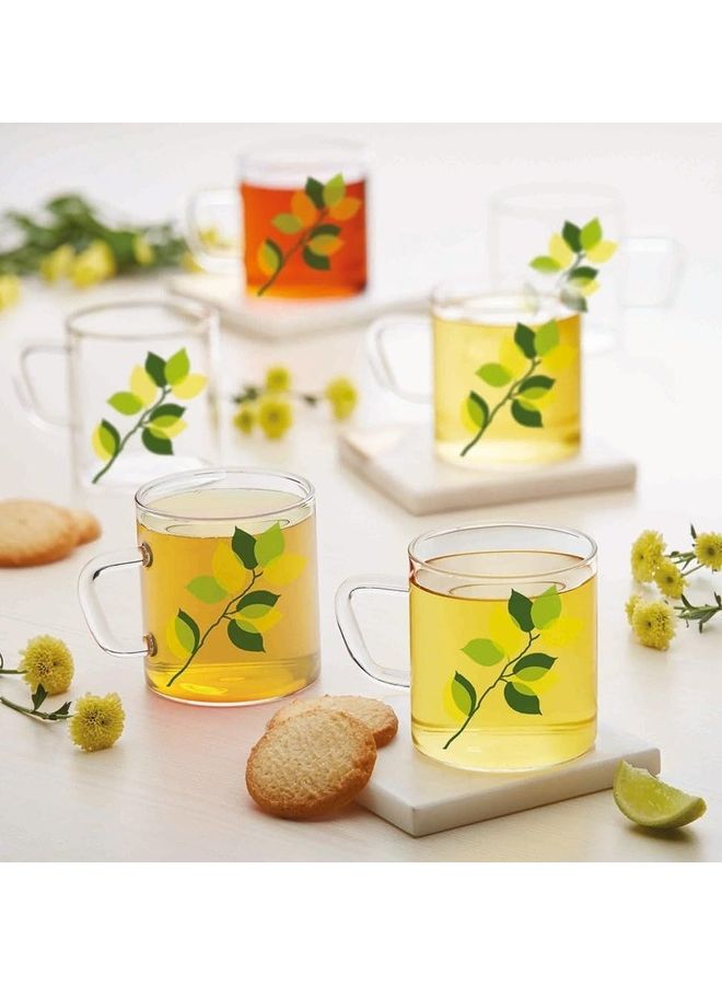 BOROSIL Classic Green Leaves Mug Set Of 6  | Borosilicate Glass | Scratch Resistant | Microwave Safe | Lightweight | 190ML | BV43GERNL098