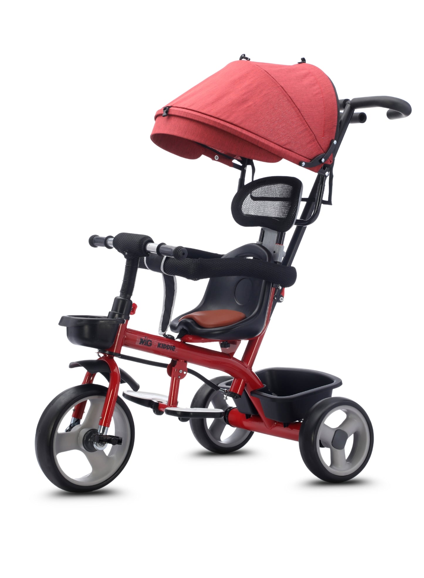 MG Folding Toddler Tricycle For 1-5 Years Old| 4-in-1 Kids Stroller Trolley | 360° Swivel Seat | Removable Push Handle | Rear Wheel Dual Brakes | Adjustable Canopy & Storage - MGT914 Red