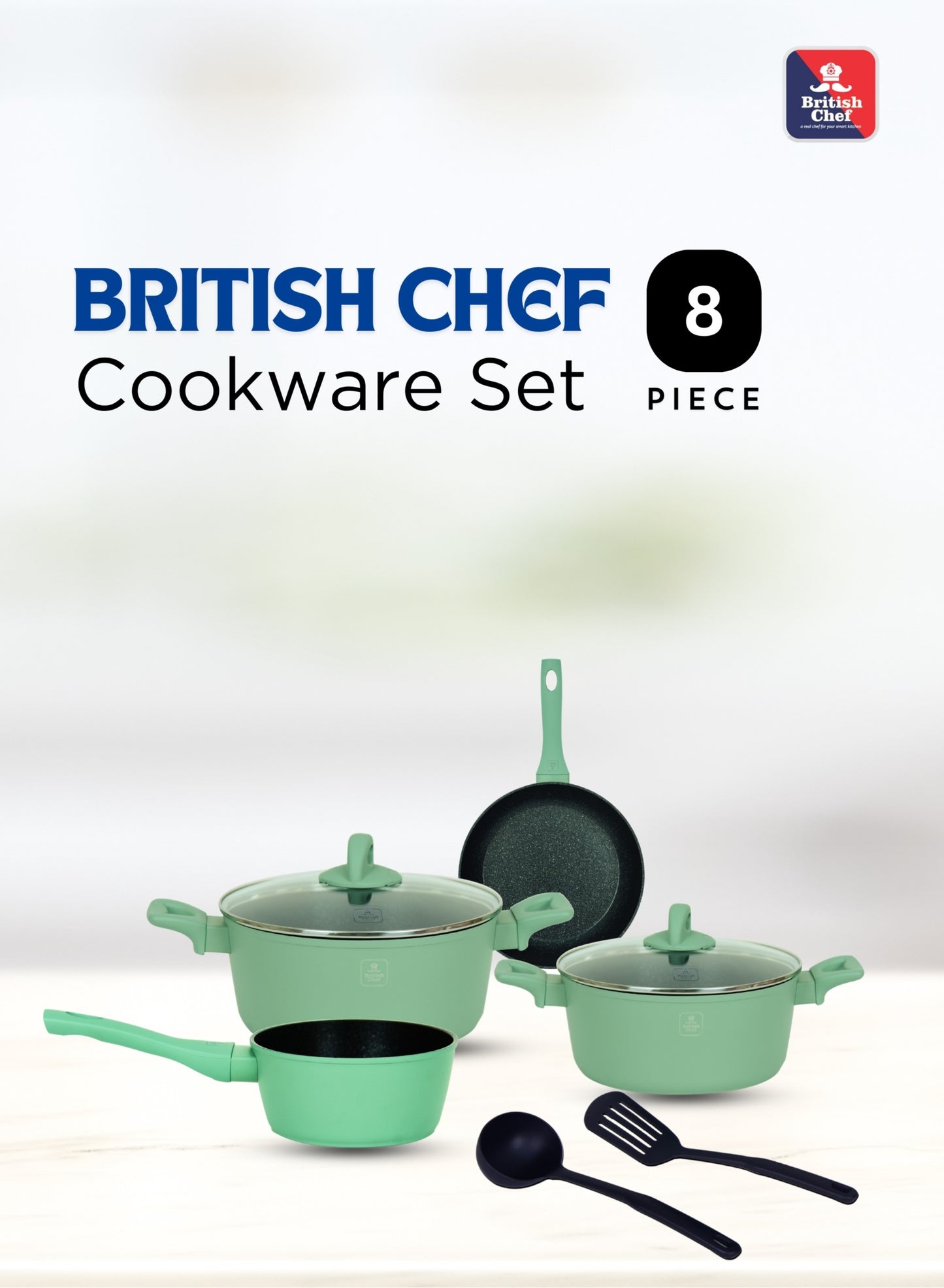 BRITISH CHEF 8 Piece Granite Coated Cookware Set, 28CM Casserole + Lid, 24CM Casserole + Lid, 16CM Saucepan, 28CM Frypan, Nylon Turner, Nylon Ladle - BC128