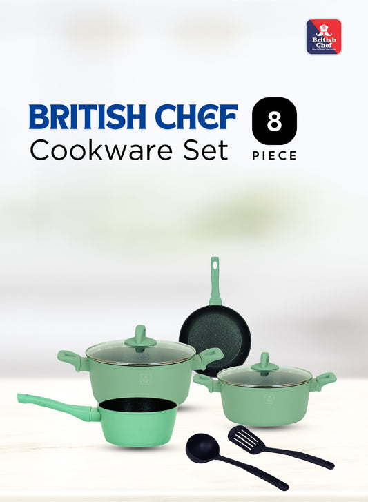 BRITISH CHEF 8 Piece Granite Coated Cookware Set, 28CM Casserole + Lid, 24CM Casserole + Lid, 16CM Saucepan, 28CM Frypan, Nylon Turner, Nylon Ladle - BC128