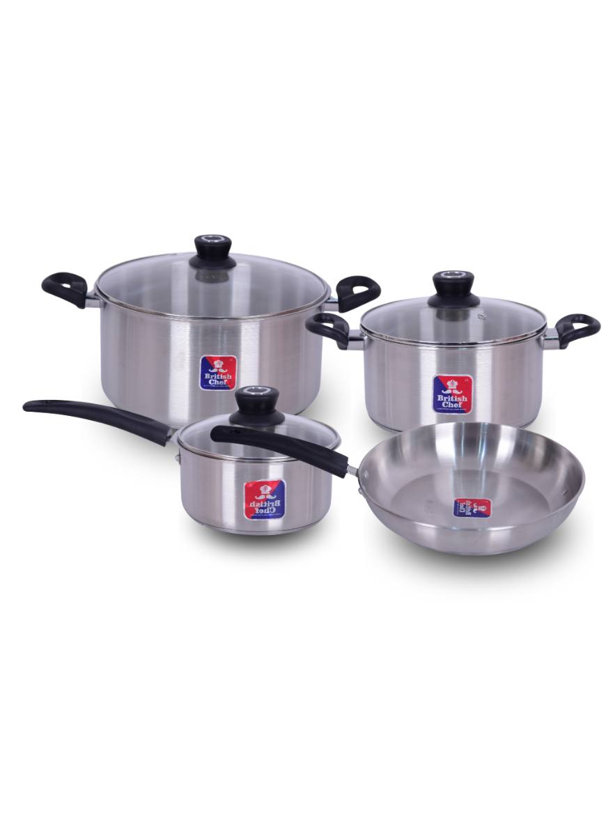 BRITISH CHEF 7 Piece Stainless Steel Nonstick Cookware Set | Induction Base, Heavy Base Bottom | 28cm Casserole+Lid | 16cm Sauce Pan | 24cm Fry pan | 20cm Casserole+Lid | BC177