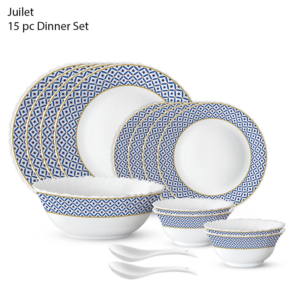BRITISH CHEF 15 Pieces Opalware Dinner Sets Microwave  Dishwasher Safe Dinnerware set with 4 Full Plate-4 Side Plate-4 Vegetable Bowl-1 Serving Bowl-2 Spoons - BC2011
