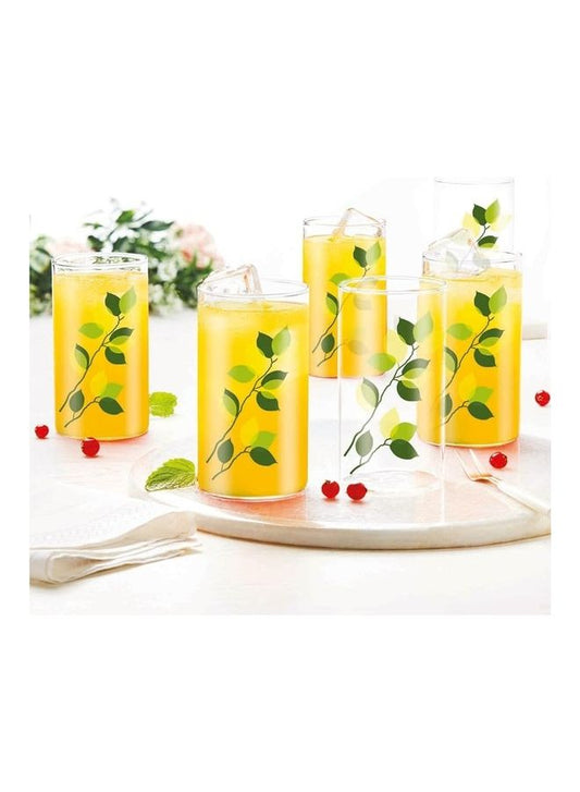 BOROSIL Vision Designer Glass Green Leaves Set Of 6 | Scratch Resistant | Microwave Safe | Lightweight | 295ML | BVVGERNLM295