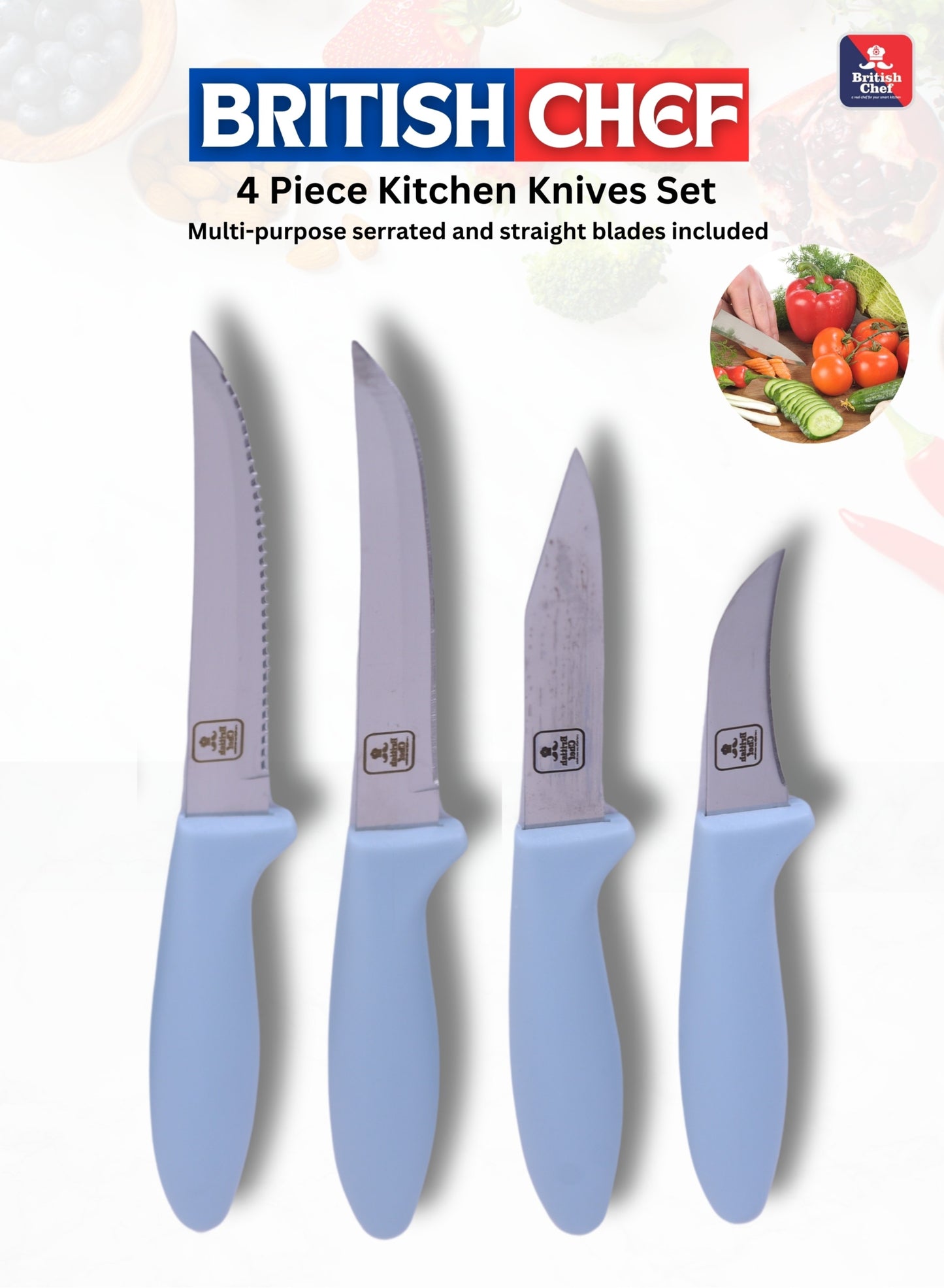 BRITISH CHEF 4 Piece Kitchen Knives Set with Silicon Handle | Sharp Stainless Steel Blades | Durable Design | Slicing | Dicing | Chopping | Carving for Home/Restaurant | Light Blue - BC335