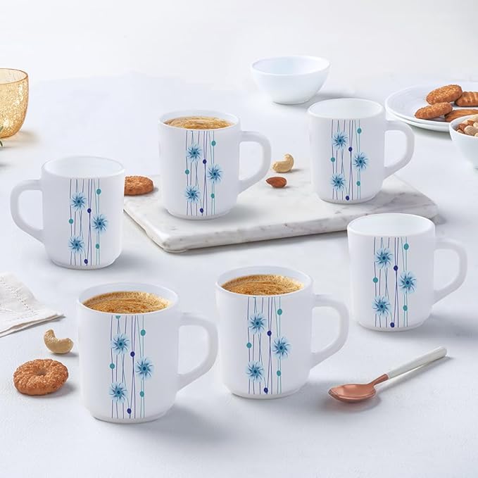 BRITISH CHEF 6 Piece Opalware Plano Tea & Coffee Mug Set 240 ML | Microwave & Dishwasher Safe | Freeze Resistant - BC2030