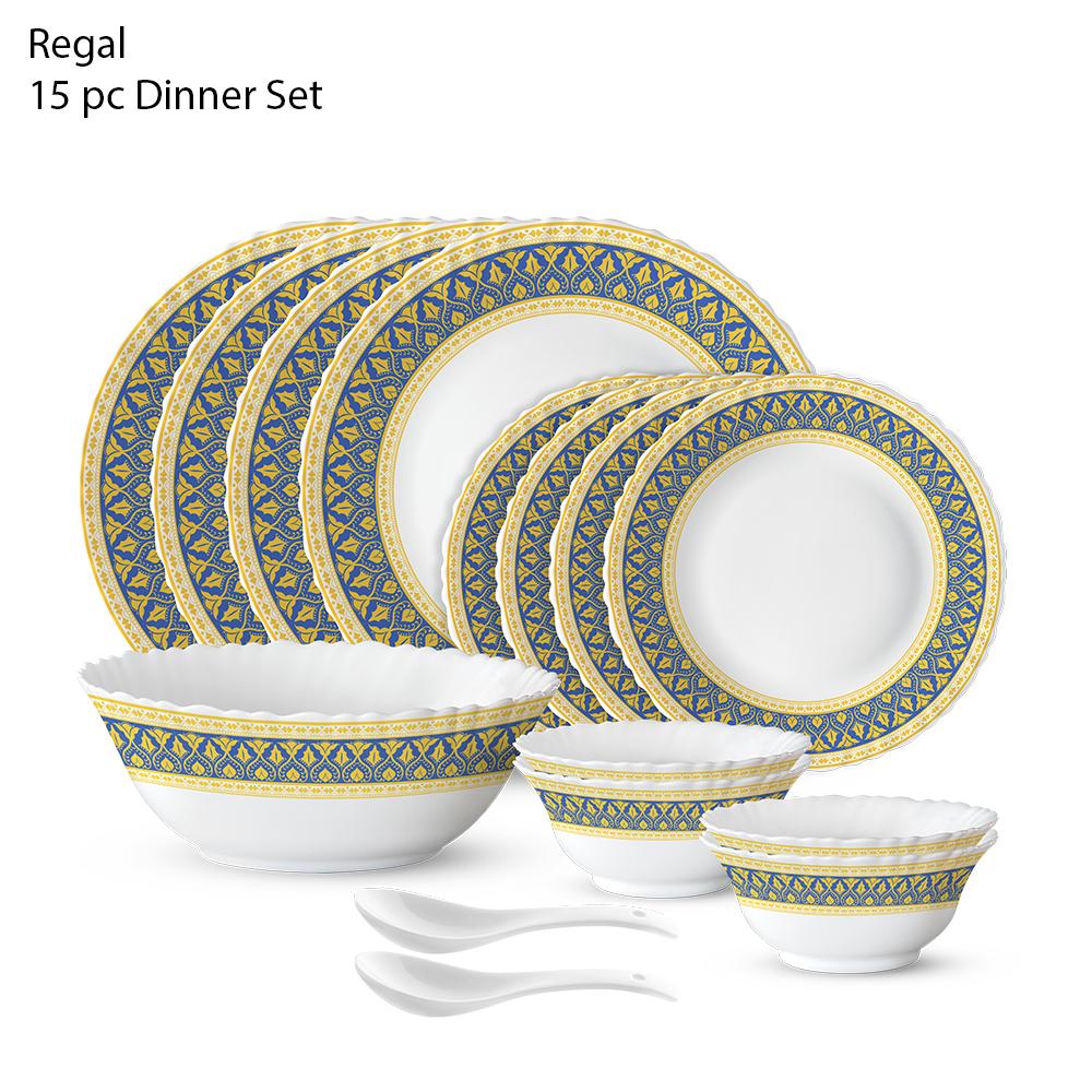 BRITISH CHEF 15 Pieces Opalware Dinner Sets Microwave  Dishwasher Safe Dinnerware set with 4 Full Plate-4 Side Plate-4 Vegetable Bowl-1 Serving Bowl-2 Spoons - BC2011