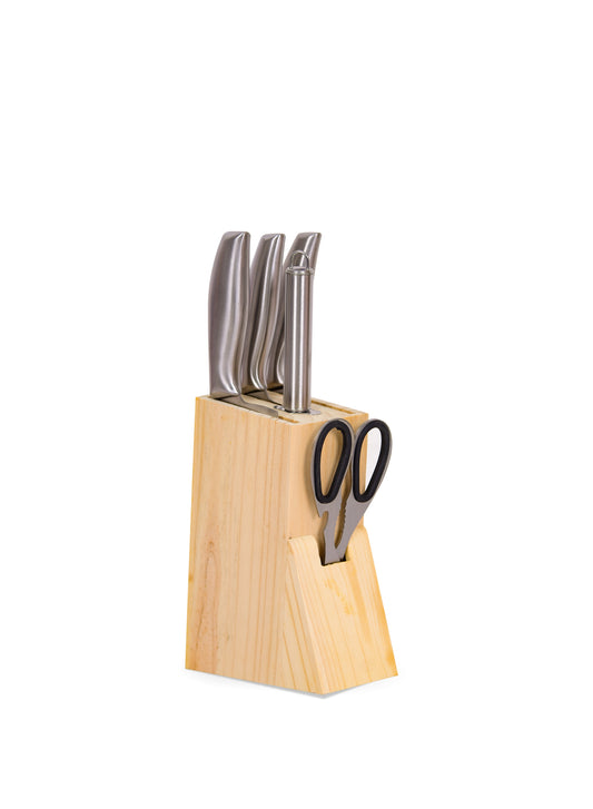 BRITISH CHEF 6-Piece Stainless Steel Kitchen Tool Set: Sharpening Stick, Slicer, Multi-Purpose Knife, Fruit Knife, Kitchen Scissors, and Storage Base - BC311