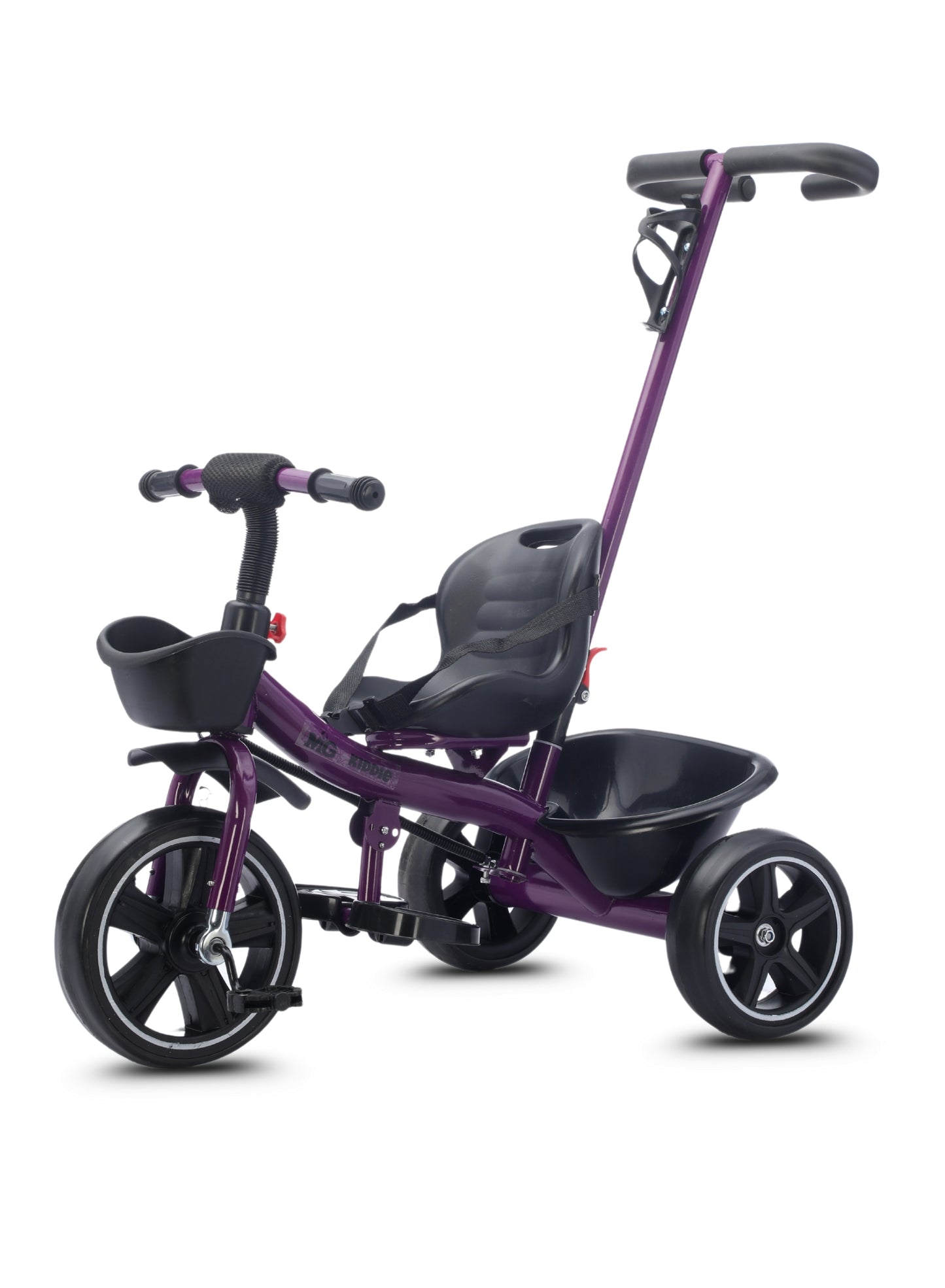 MG Kids 2-in-1 Parental Push Handle Bike with Lights & Music | 3-Wheel Toddler Bike with Front Basket & Rear Storage| Safety Belt | Fun Ride-On Toy For 1-5 Years - MGT913 Purple