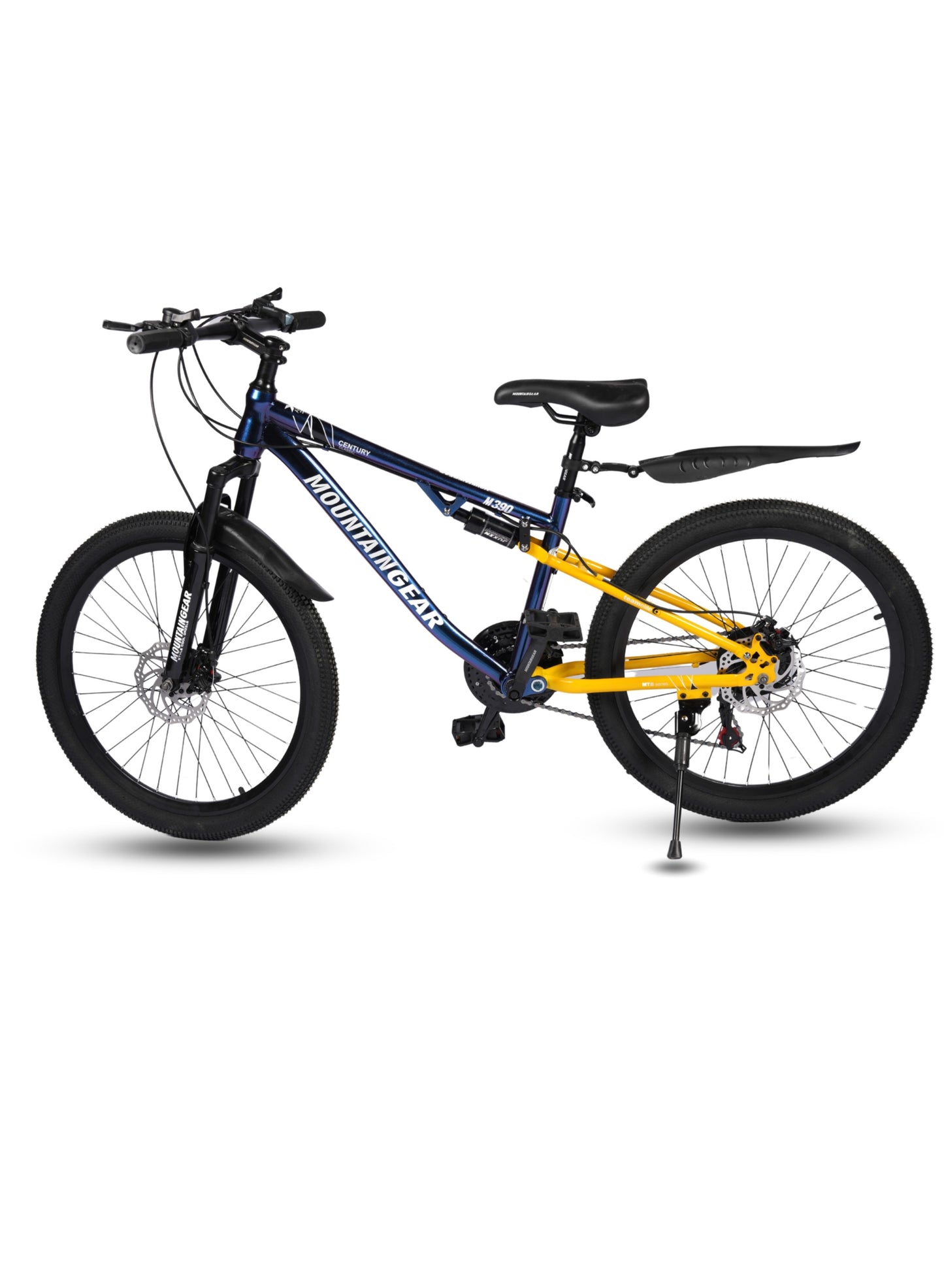 MOUNTAIN GEAR 21-Speed Mountain Bike | 24-Inch Cycle with High Carbon Steel Frame | Spoke Wheel | Disc Brakes | 38 Shock-Absorbing Front Fork | TX-30 Shimano Shifters | PVC Pedals | MTB Seat - MGR311380