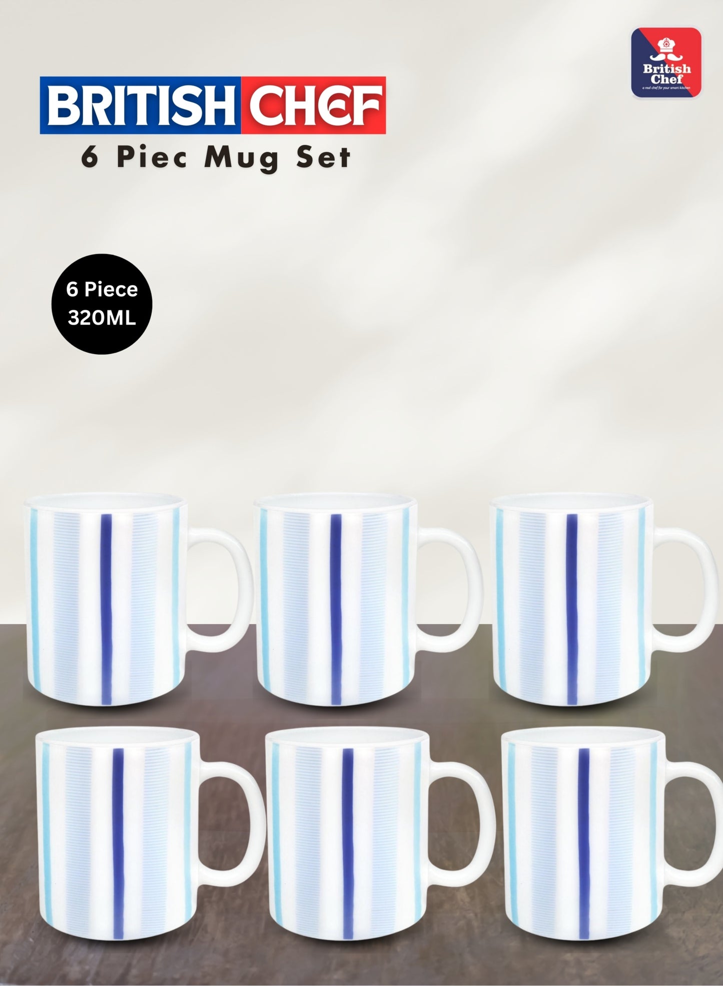 British Chef 6 Piece Opalware Plano Tea & Coffee Mug Set 320ML | Microwave & Dishwasher Safe | Freeze Resistant - BC2031