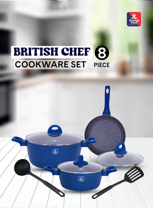 BRITISH CHEF 8 Piece Granite Coated Cookware Set, 28CM Forged Casserole + Lid, 22CM Forged Casserole + Lid, 26CM Forged Frypan + Lid, Nylon Turner, Nylon Ladle - BC110