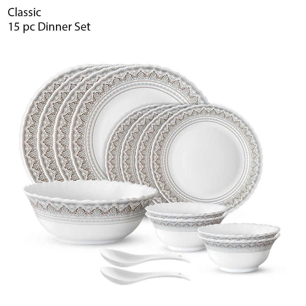 BRITISH CHEF 15 Pieces Opalware Dinner Sets Microwave  Dishwasher Safe Dinnerware set with 4 Full Plate-4 Side Plate-4 Vegetable Bowl-1 Serving Bowl-2 Spoons - BC2011