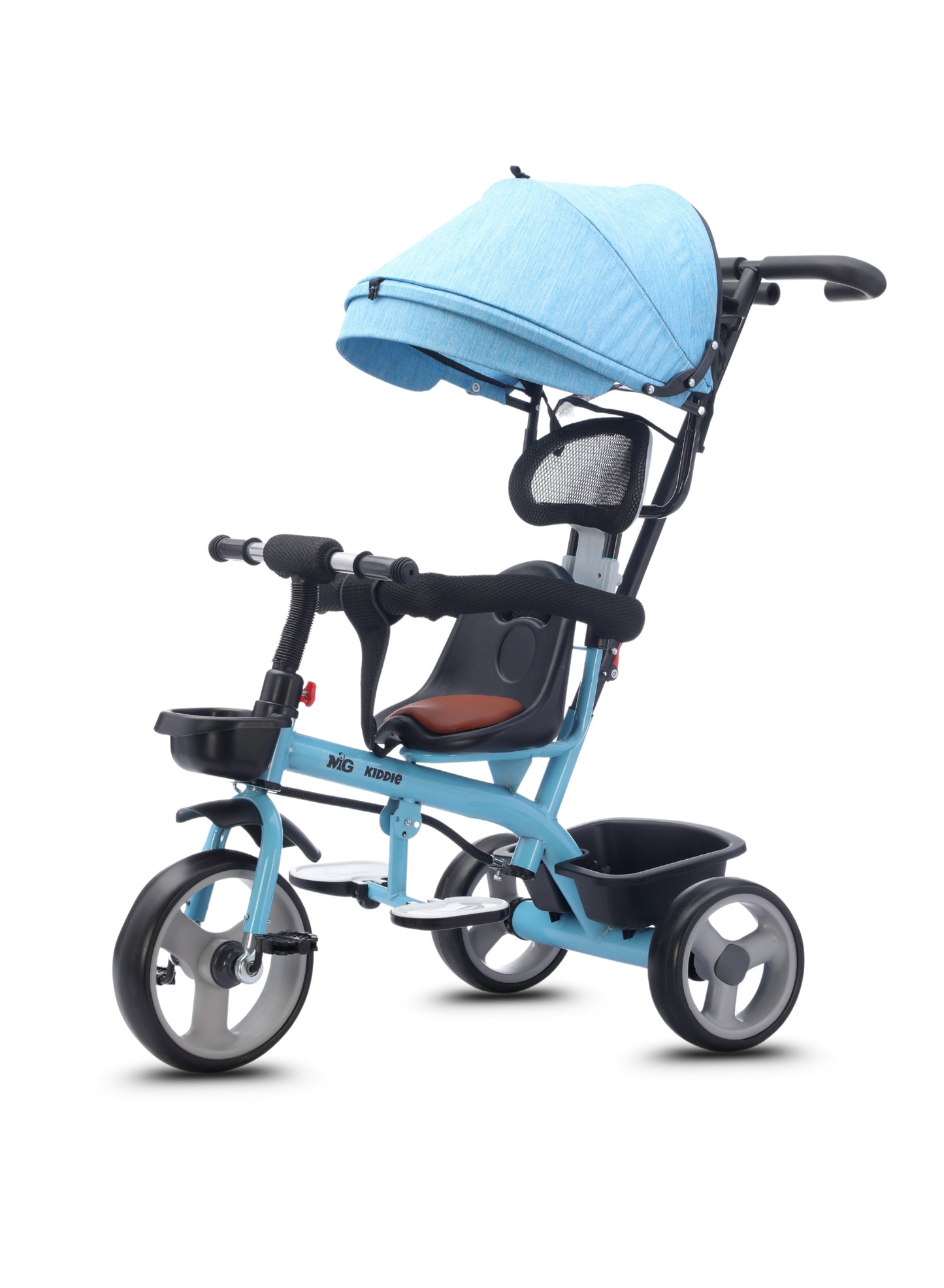 MG Folding Toddler Tricycle For 1-5 Years Old| 4-in-1 Kids Stroller Trolley | 360° Swivel Seat | Removable Push Handle | Rear Wheel Dual Brakes | Adjustable Canopy & Storage - MGT914 Blue