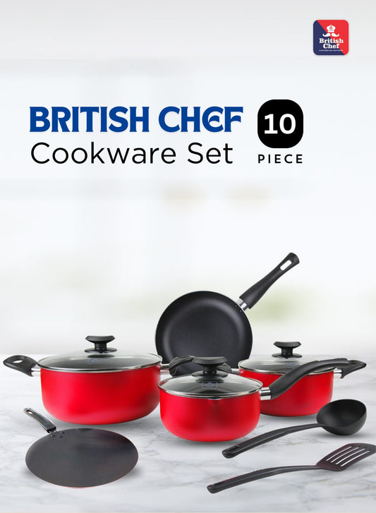 BRITISH CHEF 10 Piece Nonstick Cookware Set | Nonstick Coating For Cooking | 20CM & 24CM Casserole With Lid | 24CM Frying Pan | 18CM Saucepan | 28CM Tawa | 2 Nylon Kitchen Tools | BC130