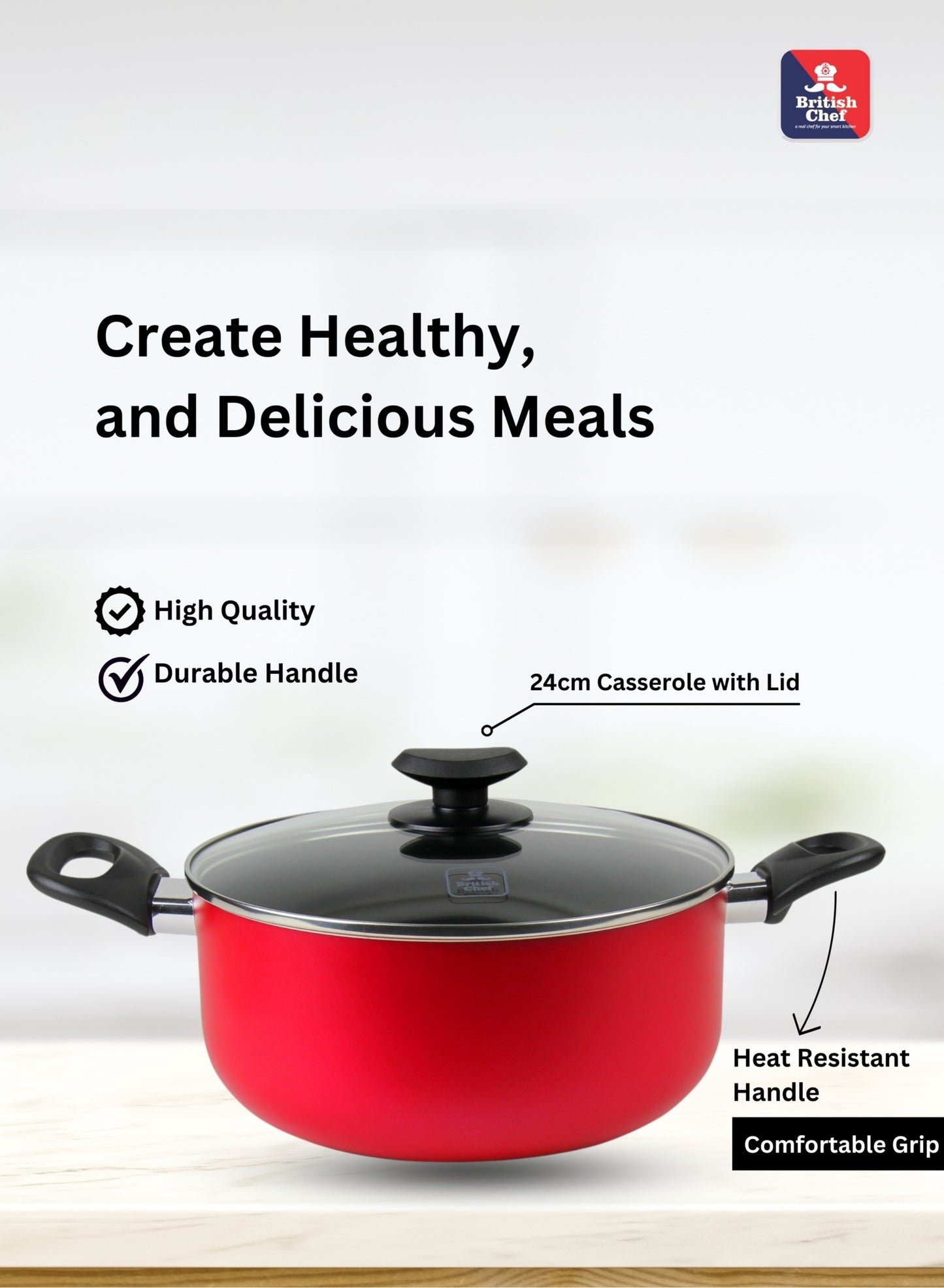 BRITISH CHEF 7 Piece Nonstick Cookware Set, 24CM Casserole + Lid, 20CM Casserole + Lid, 24CM Frypan, Nylon Turner, Nylon Ladle - BC131