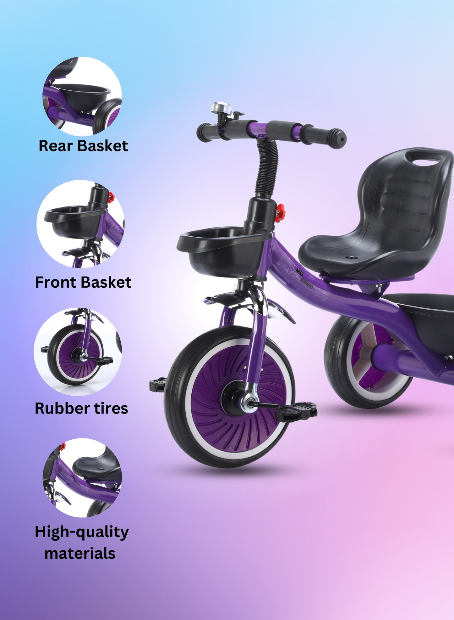 MG Tricycle for Kids | 3-Wheels Bike Scooters | Front and Rear Basket,Bell and Color Wheels | Boys and Girls | Age 1 to 5 Years Baby Tricycle - MGT906 PURPLE