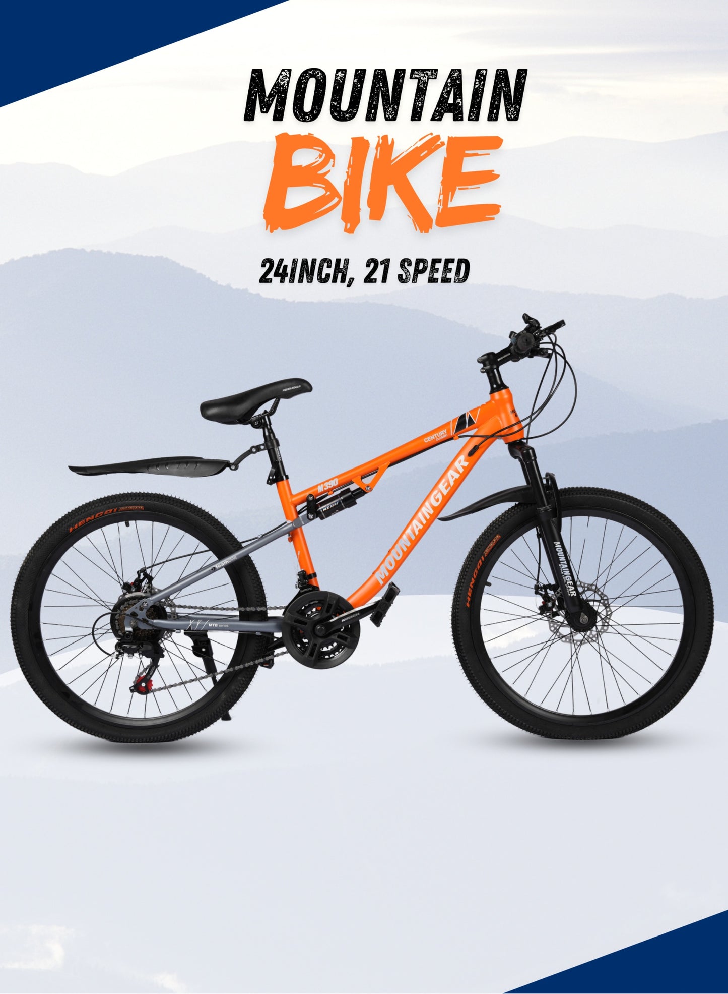 MOUNTAIN GEAR 21-Speed Mountain Bike | 24-Inch Cycle with High Carbon Steel Frame | Spoke Wheel | Disc Brakes | 38 Shock-Absorbing Front Fork | TX-30 Shimano Shifters | PVC Pedals | MTB Seat - MGR311380