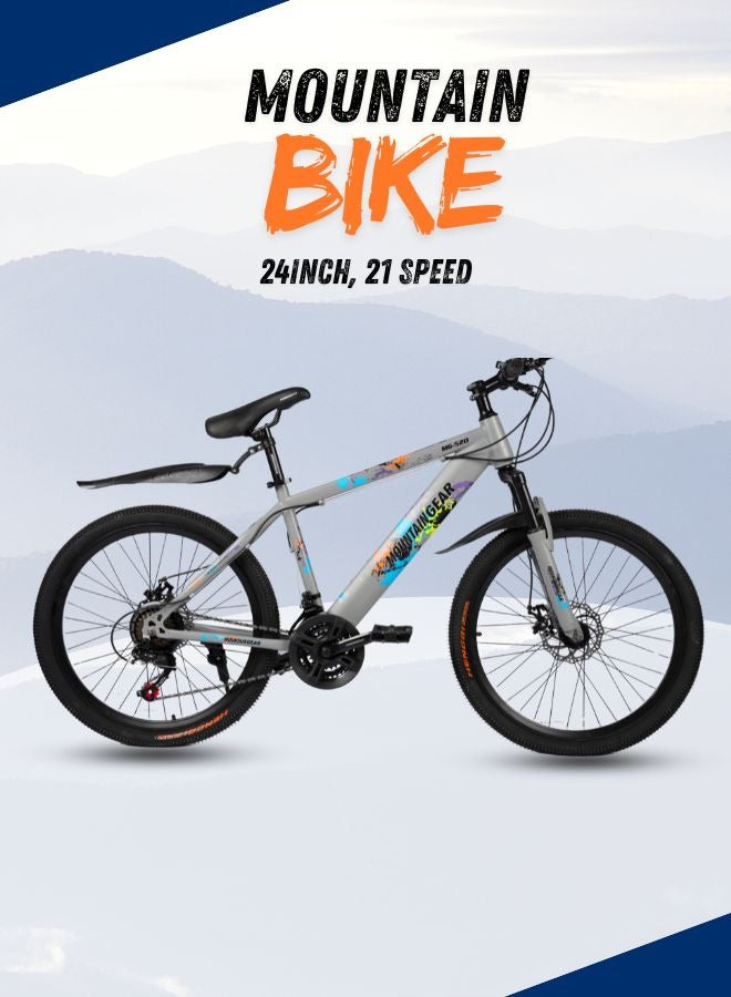 MOUNTAIN GEAR 21-Speed MTB Mountain Bike | 24-Inch Bicycle with High Carbon Steel Frame | Spoke Wheel | Disc Brakes | 38 Shock-Absorbing Front Fork | TX-30 Shimano Shifters | PVC Pedals | MTB Seat - MGR311382