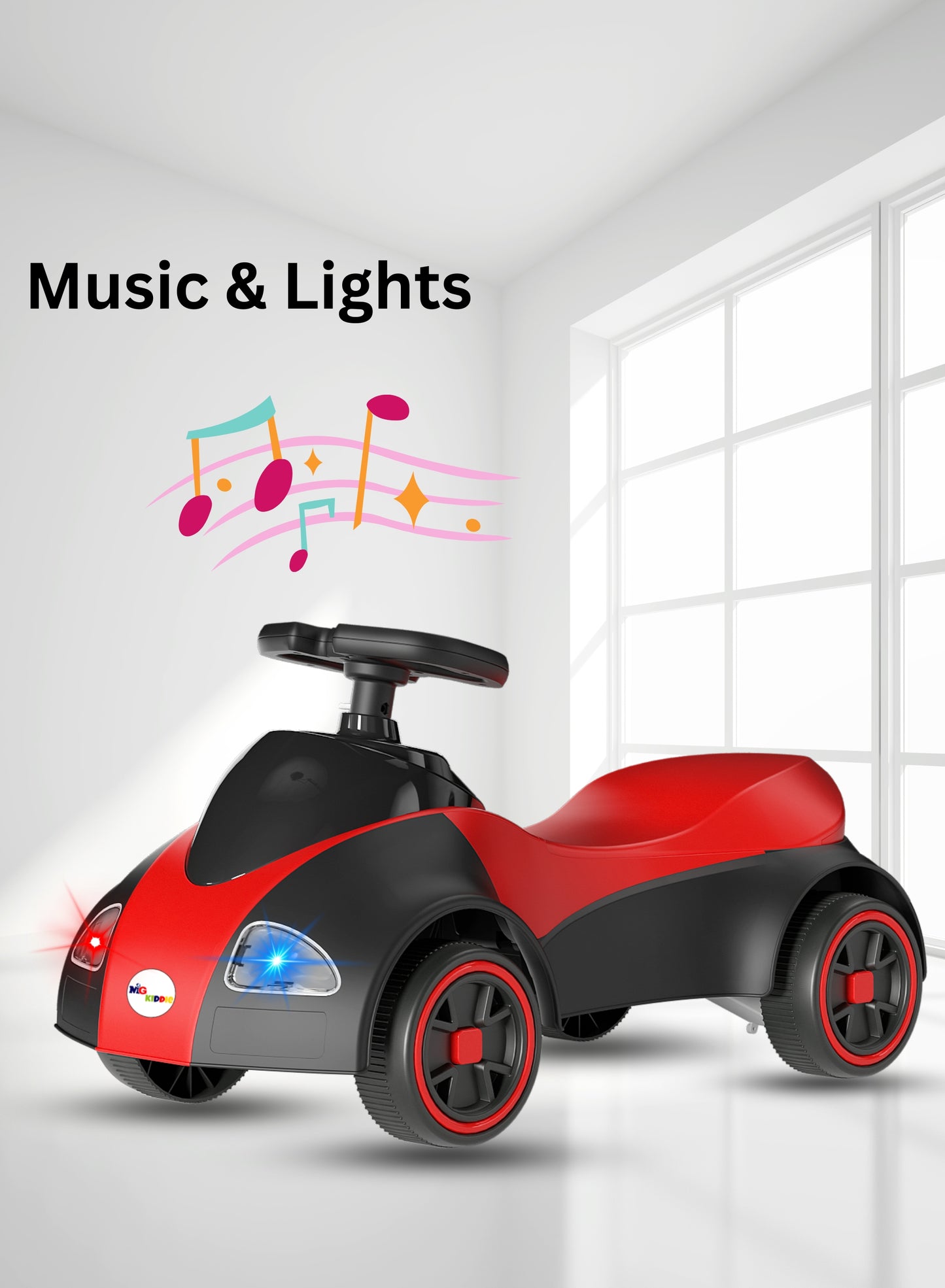 MG Kiddie Swing Car | Music & LED Light Wiggle, Swing and Twist Car | Whisper Tires & New Functions | Vehicle for Children Aged 2-5 Years - MGT904 BLACK RED