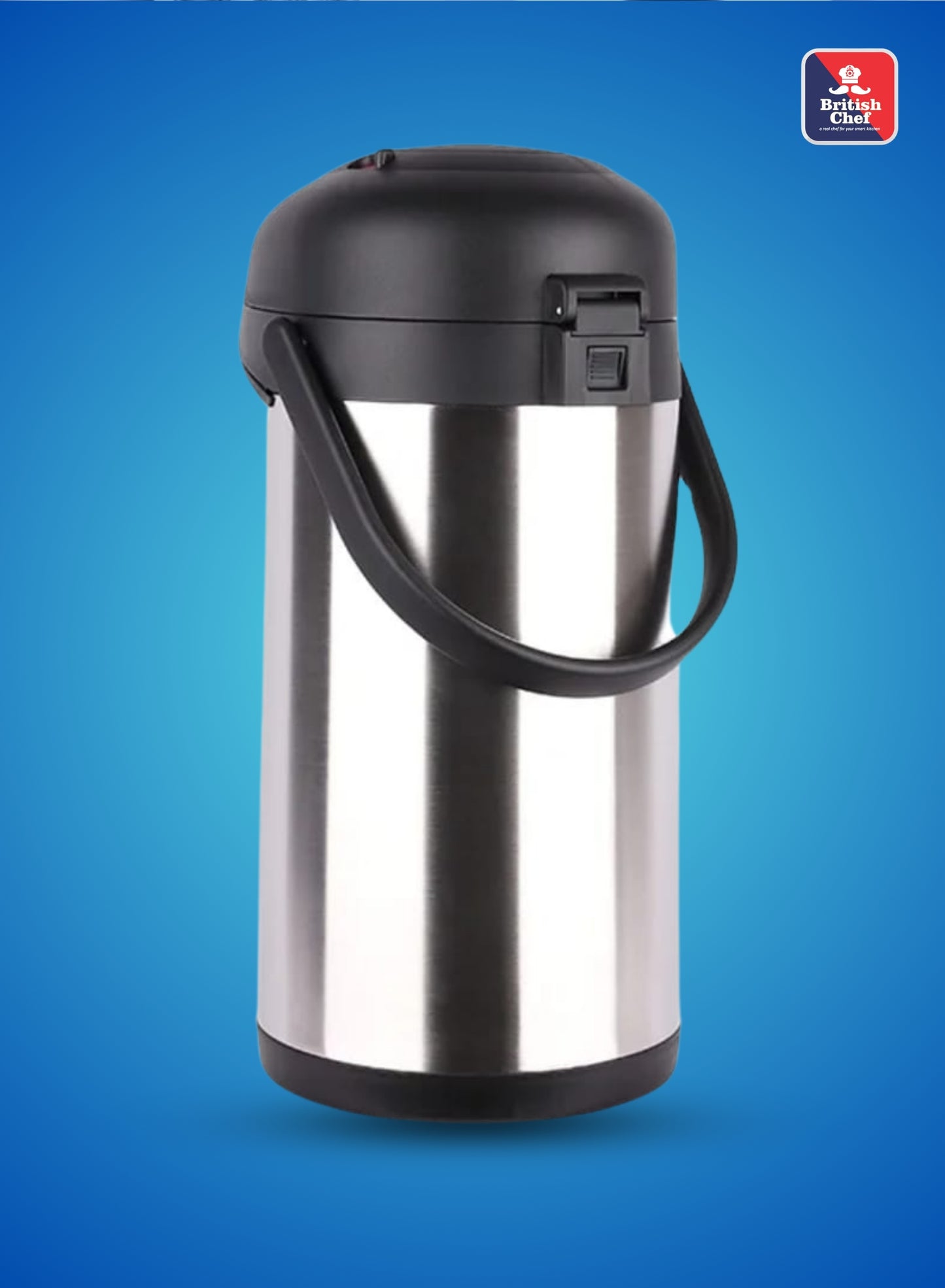 BRITISH CHEF 3L Hot & Cold Air Pot Flask | Stainless Steel Vacuum Pump with Double Wall Thermos | 360 Degree rotation Mechanism | Safety Lock | Thermal Beverage Flask | Black & Silver - BC408