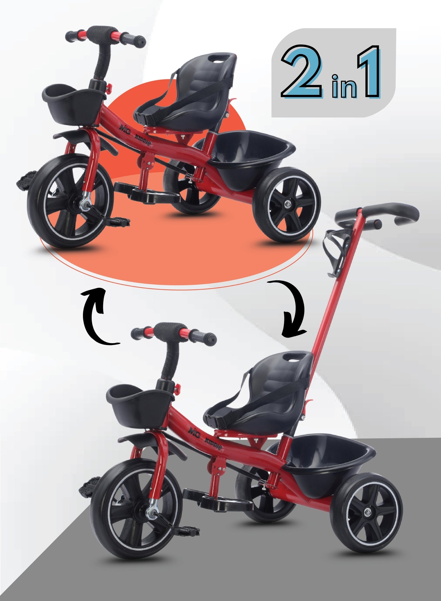 MG Kids 2-in-1 Parental Push Handle Bike with Lights & Music | 3-Wheel Toddler Bike with Front Basket & Rear Storage| Safety Belt | Fun Ride-On Toy For 1-5 Years - MGT913 Red