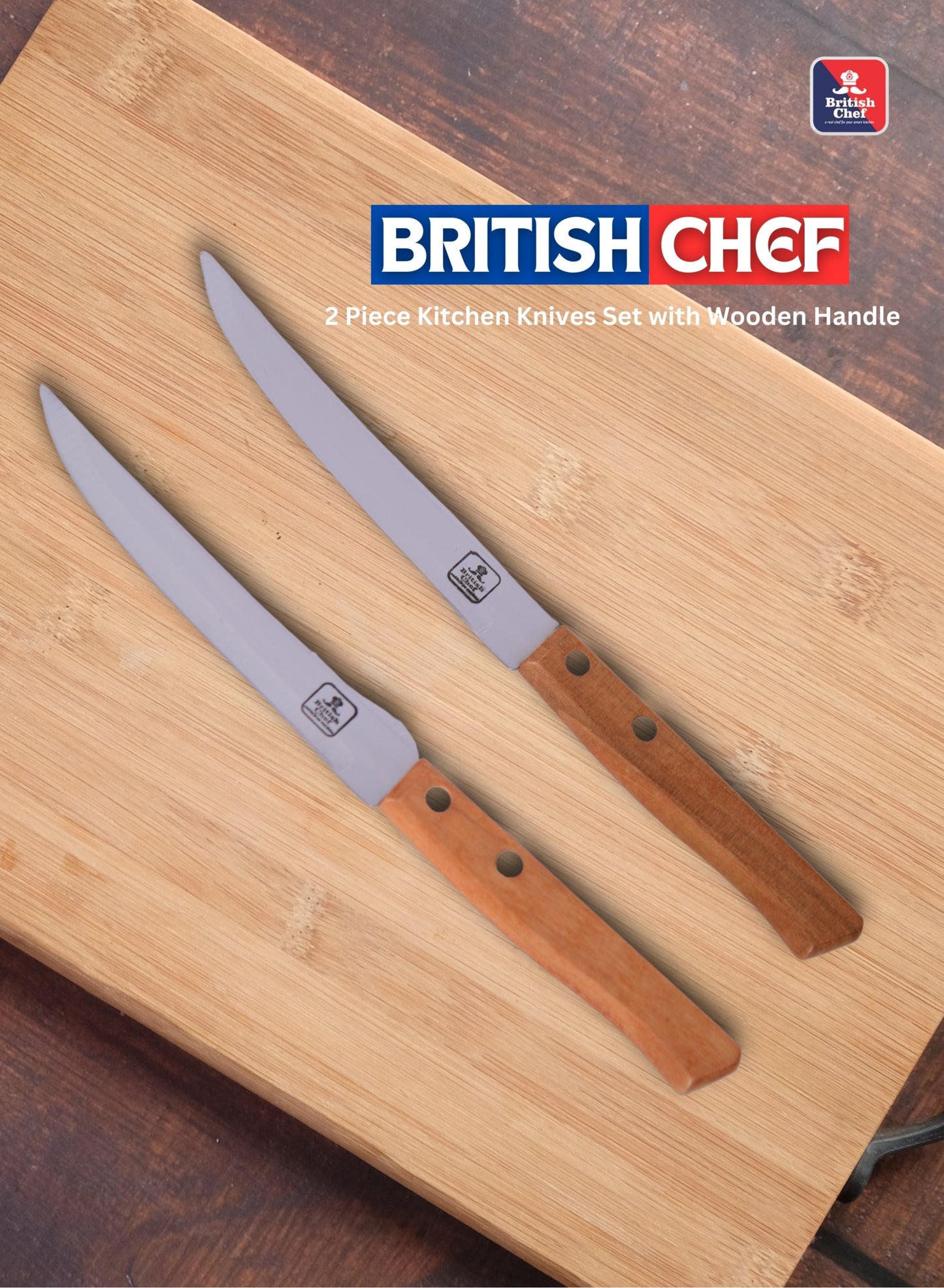 BRITISH CHEF 2 Piece Kitchen Knives Set with Wooden Handle | Sharp Stainless Steel Blades | Durable Design | Carving for Home/Restaurant - BC337
