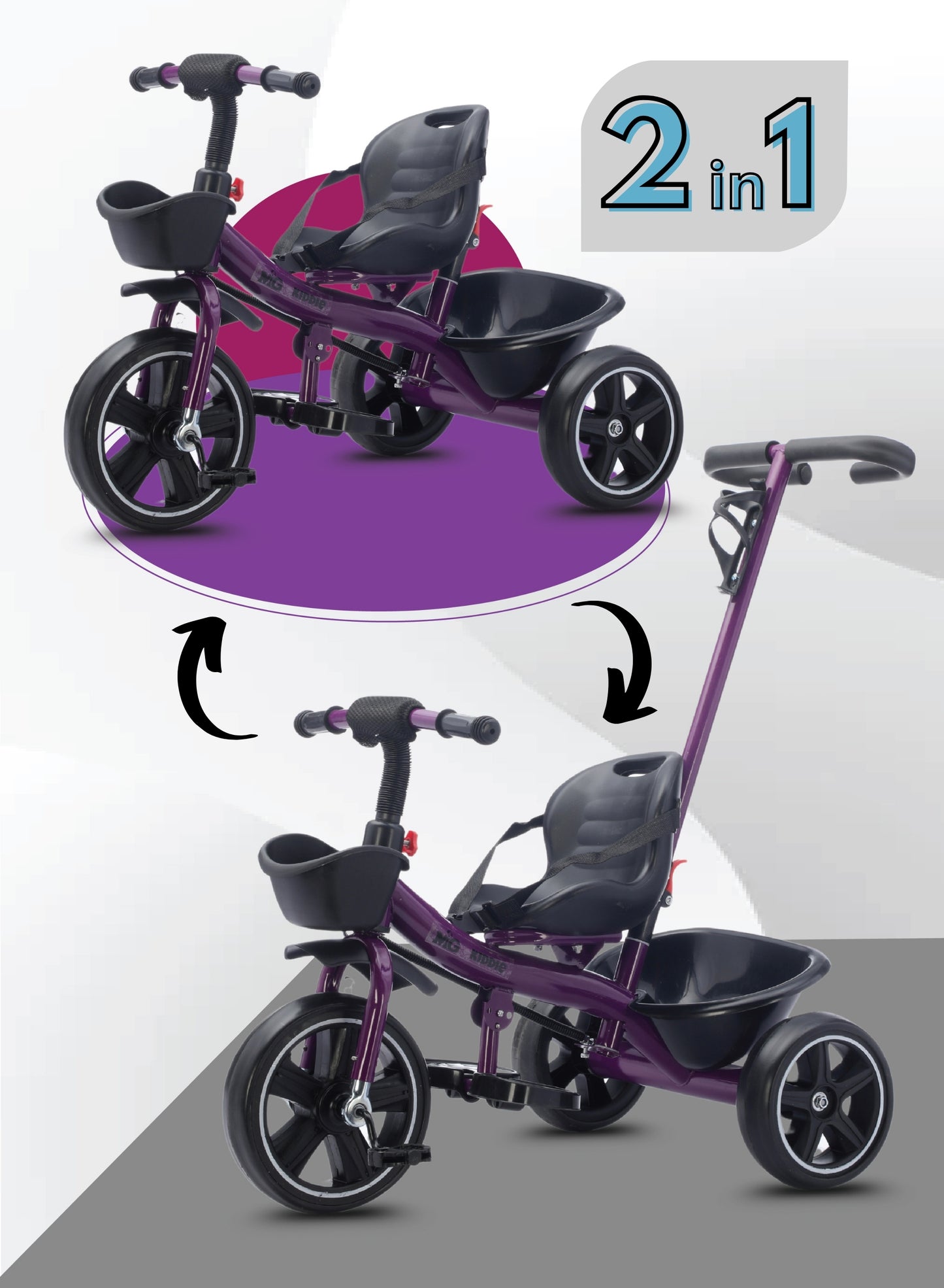 MG Kids 2-in-1 Parental Push Handle Bike with Lights & Music | 3-Wheel Toddler Bike with Front Basket & Rear Storage| Safety Belt | Fun Ride-On Toy For 1-5 Years - MGT913 Purple