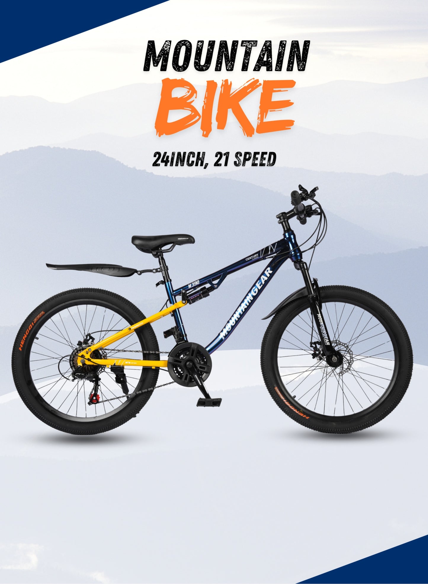 MOUNTAIN GEAR 21-Speed Mountain Bike | 24-Inch Cycle with High Carbon Steel Frame | Spoke Wheel | Disc Brakes | 38 Shock-Absorbing Front Fork | TX-30 Shimano Shifters | PVC Pedals | MTB Seat - MGR311380