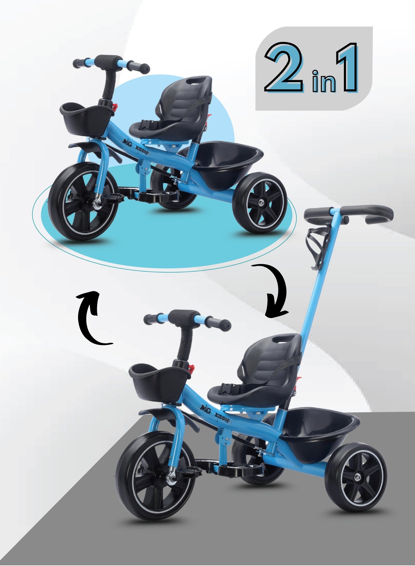 MG Kids 2-in-1 Parental Push Handle Bike with Lights & Music | 3-Wheel Toddler Bike with Front Basket & Rear Storage| Safety Belt | Fun Ride-On Toy For 1-5 Years - MGT913 Blue
