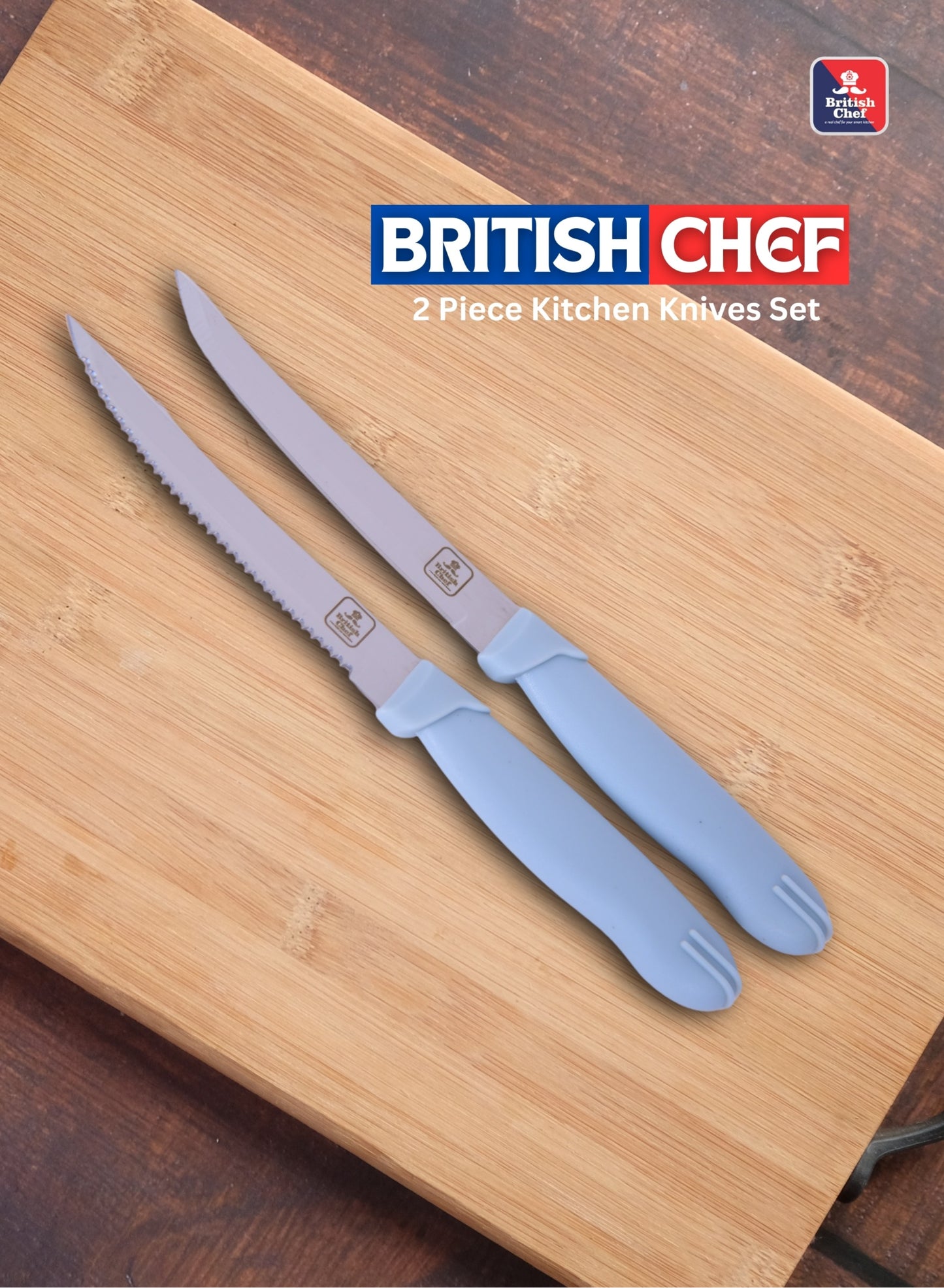 BRITISH CHEF 2 Piece Kitchen Knives Set with Silicon Handle | Sharp Stainless Steel Blades | Durable Design | Carving for Home/Restaurant | Light Blue - BC336