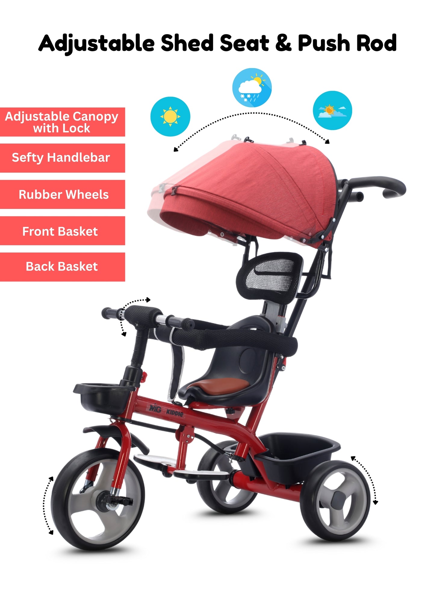 MG Folding Toddler Tricycle For 1-5 Years Old| 4-in-1 Kids Stroller Trolley | 360° Swivel Seat | Removable Push Handle | Rear Wheel Dual Brakes | Adjustable Canopy & Storage - MGT914 Red