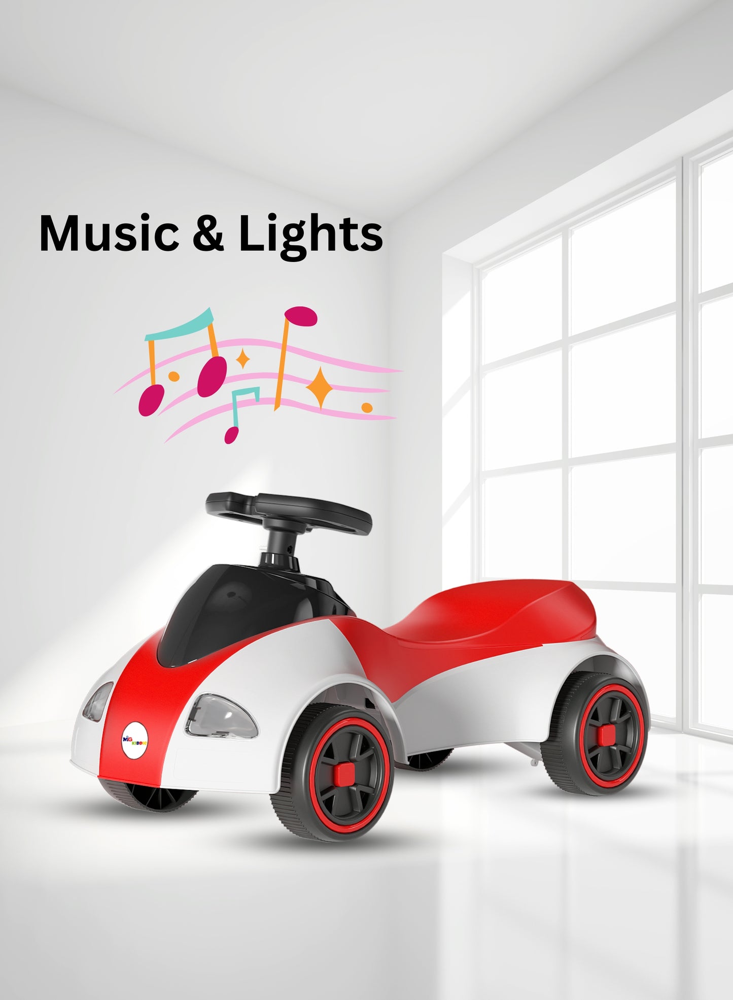 MG Kiddie Swing Car | Music & LED Light Wiggle, Swing and Twist Car | Whisper Tires & New Functions | Vehicle for Children Aged 2-5 Years - MGT904 WHITE RED
