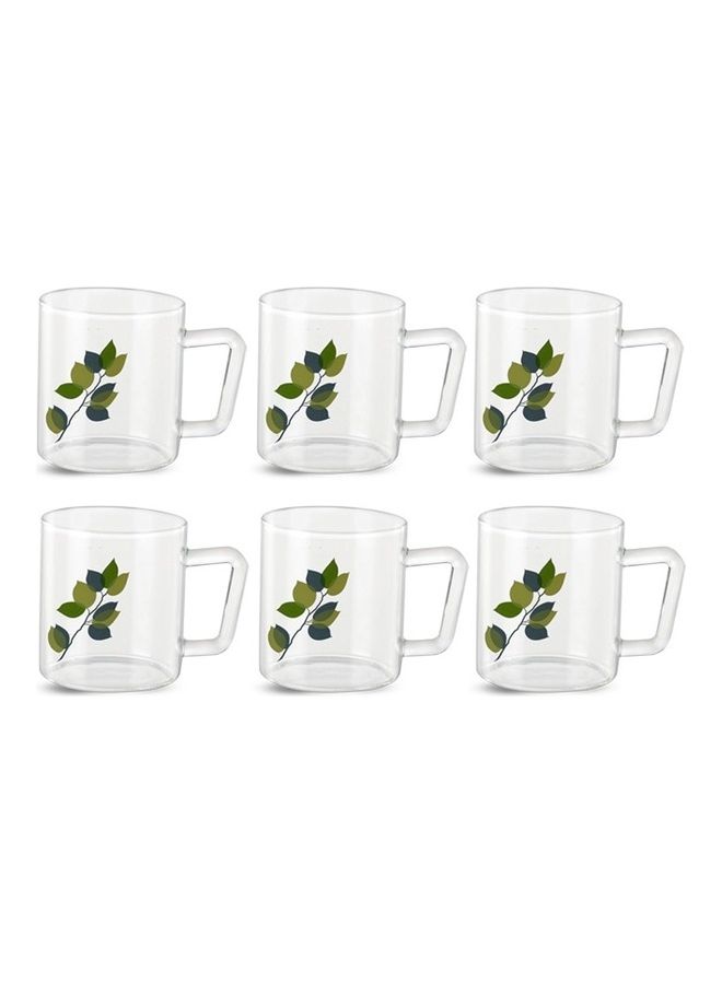 BOROSIL Classic Green Leaves Mug Set Of 6  | Borosilicate Glass | Scratch Resistant | Microwave Safe | Lightweight | 190ML | BV43GERNL098