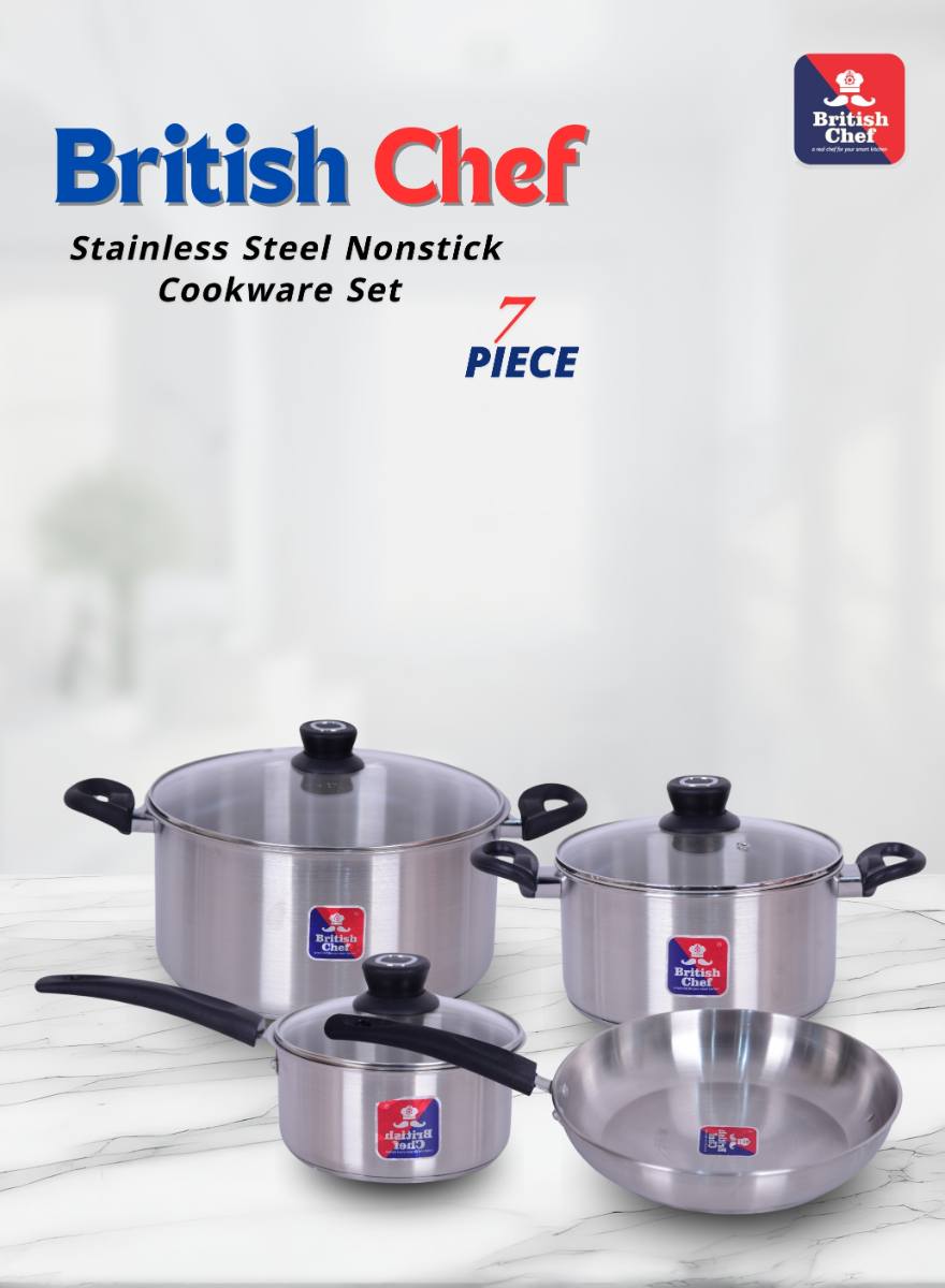 BRITISH CHEF 7 Piece Stainless Steel Nonstick Cookware Set | Induction Base, Heavy Base Bottom | 28cm Casserole+Lid | 16cm Sauce Pan | 24cm Fry pan | 20cm Casserole+Lid | BC177