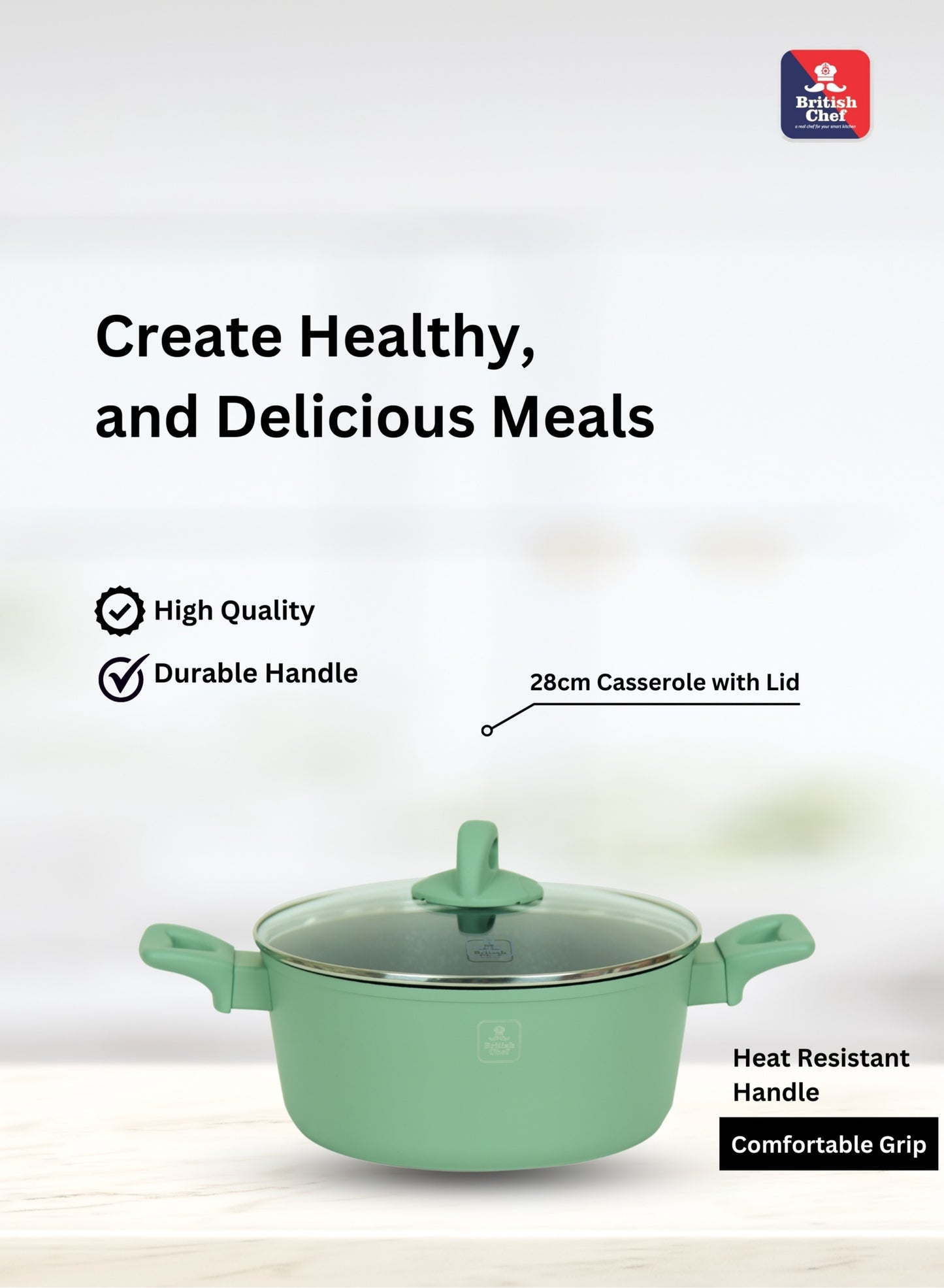 BRITISH CHEF 8 Piece Granite Coated Cookware Set, 28CM Casserole + Lid, 24CM Casserole + Lid, 16CM Saucepan, 28CM Frypan, Nylon Turner, Nylon Ladle - BC128