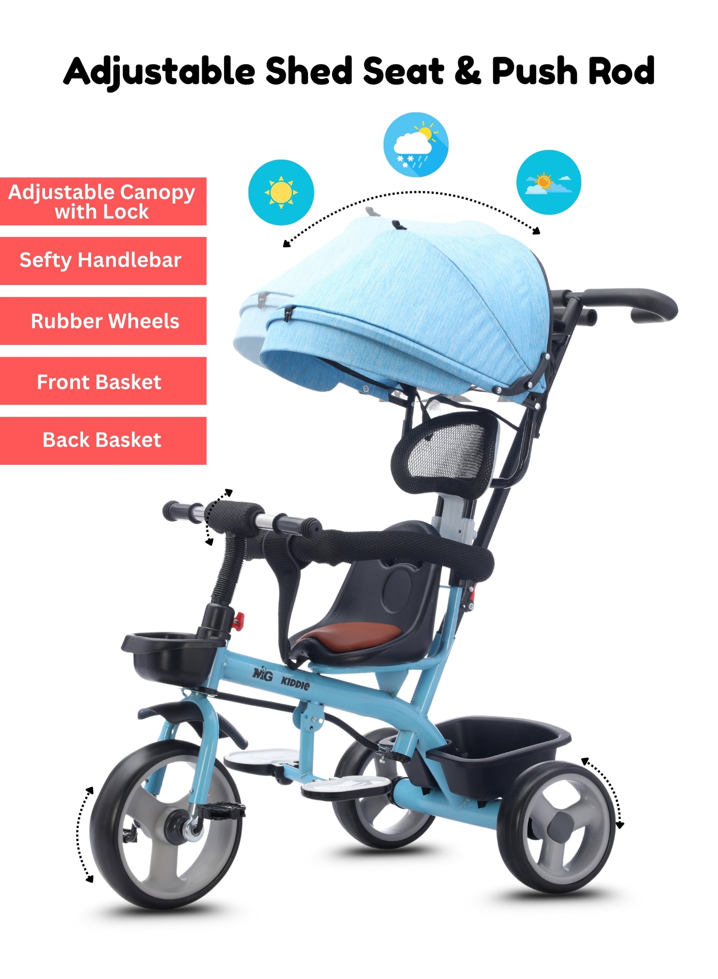 MG Folding Toddler Tricycle For 1-5 Years Old| 4-in-1 Kids Stroller Trolley | 360° Swivel Seat | Removable Push Handle | Rear Wheel Dual Brakes | Adjustable Canopy & Storage - MGT914 Blue