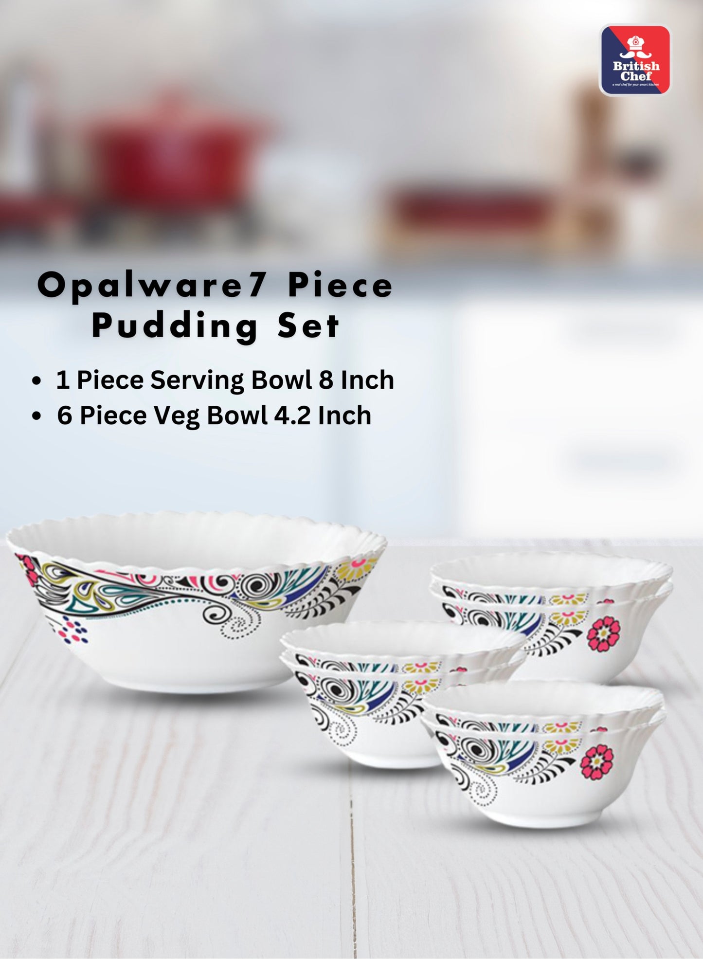 BRITISH CHEF 7 Piece Opalware Red Lily Pudding Set | 1 Piece Serving & 6 Piece Veg Bowls | Microwave & Dishwasher Safe| Chip & Scratch Resistant | WHITE - BC2010PS