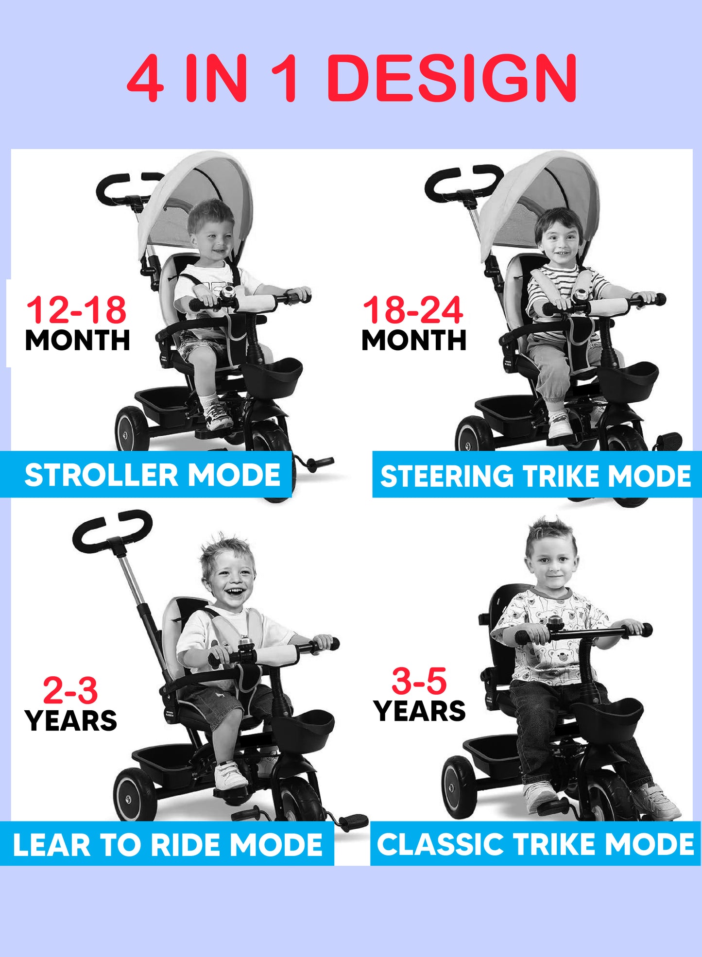 MG Folding Toddler Tricycle For 1-5 Years Old| 4-in-1 Kids Stroller Trolley | 360° Swivel Seat | Removable Push Handle | Rear Wheel Dual Brakes | Adjustable Canopy & Storage - MGT914 Red